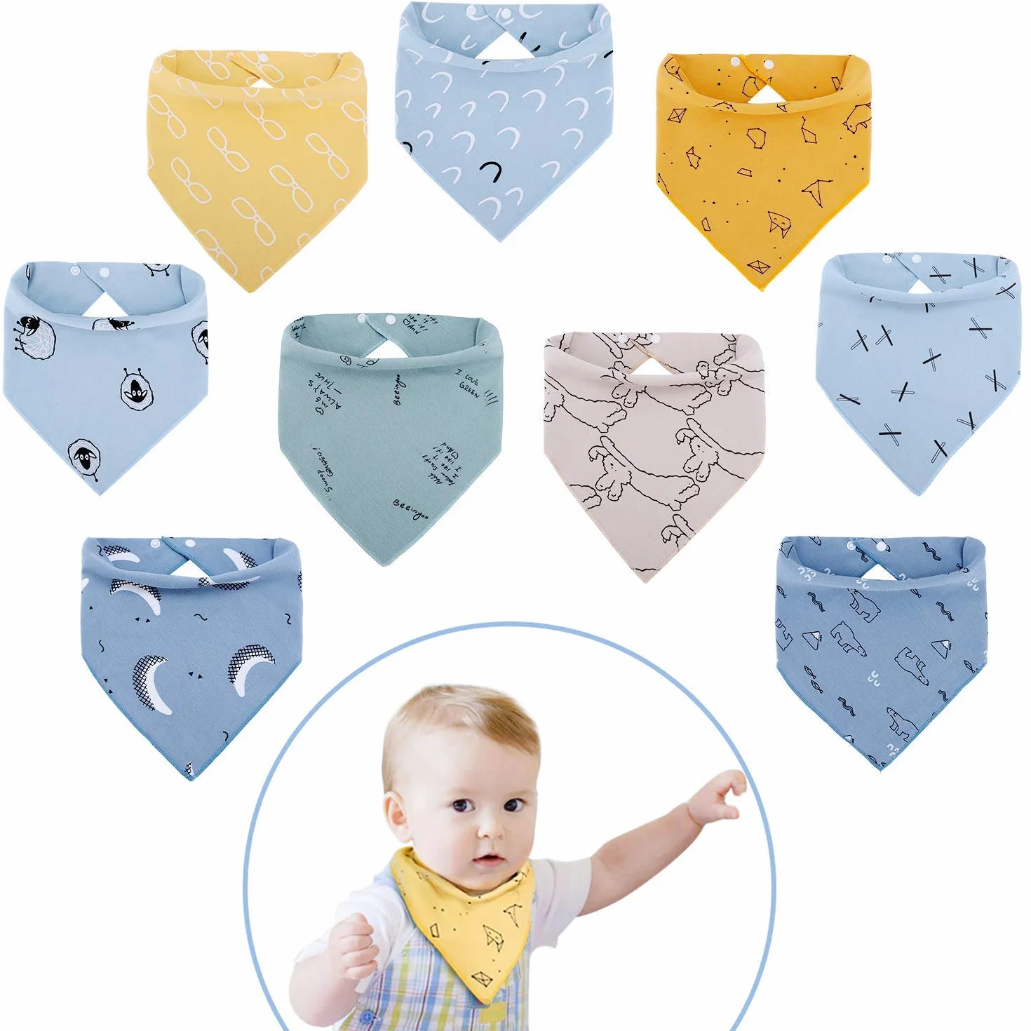 Bavaglini Neonato 9 Pezzi Cotone con Bottoni Regolabili Assorbenti Morbidi
