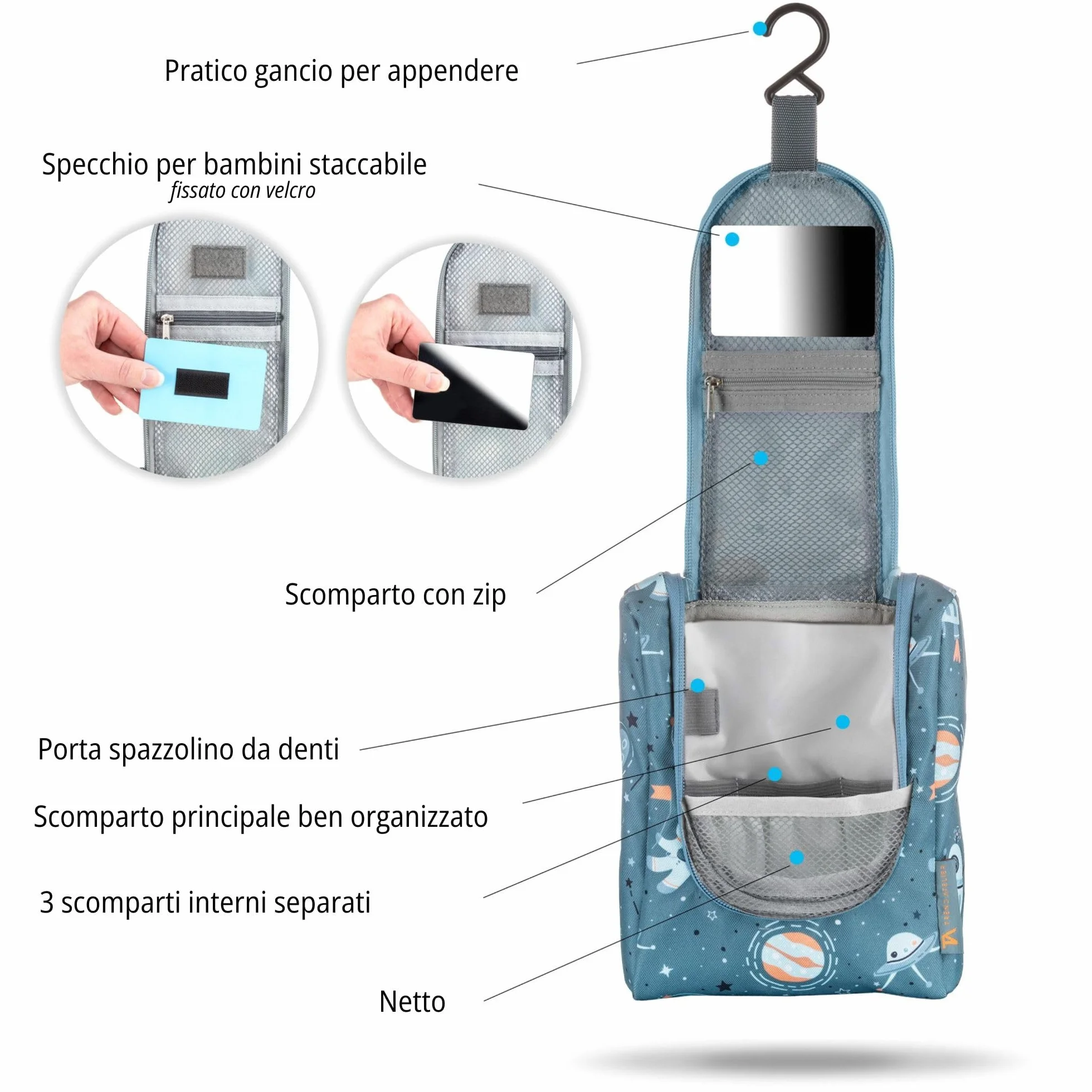 Beauty case bambini poliestere riciclato borsa da bagno sostenibile idrorepellente appendere Spazio Blu