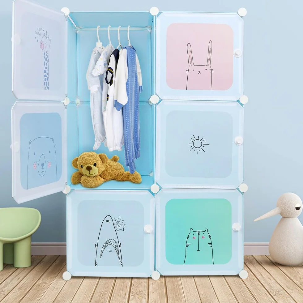 Armadio in plastica modulabile 6 cubi con ante per giocattoli 74x37x110 cm blu