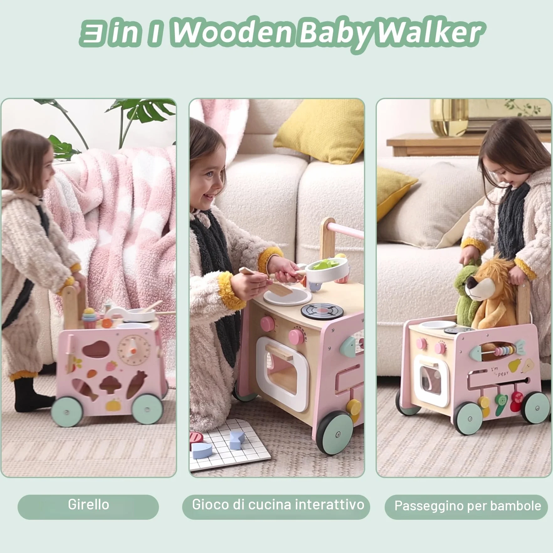 Girello Bambini Legno 9 in 1 Carrello Primi Passi con Giocattoli Montessori Cucina da Gioco, Regalo Natale