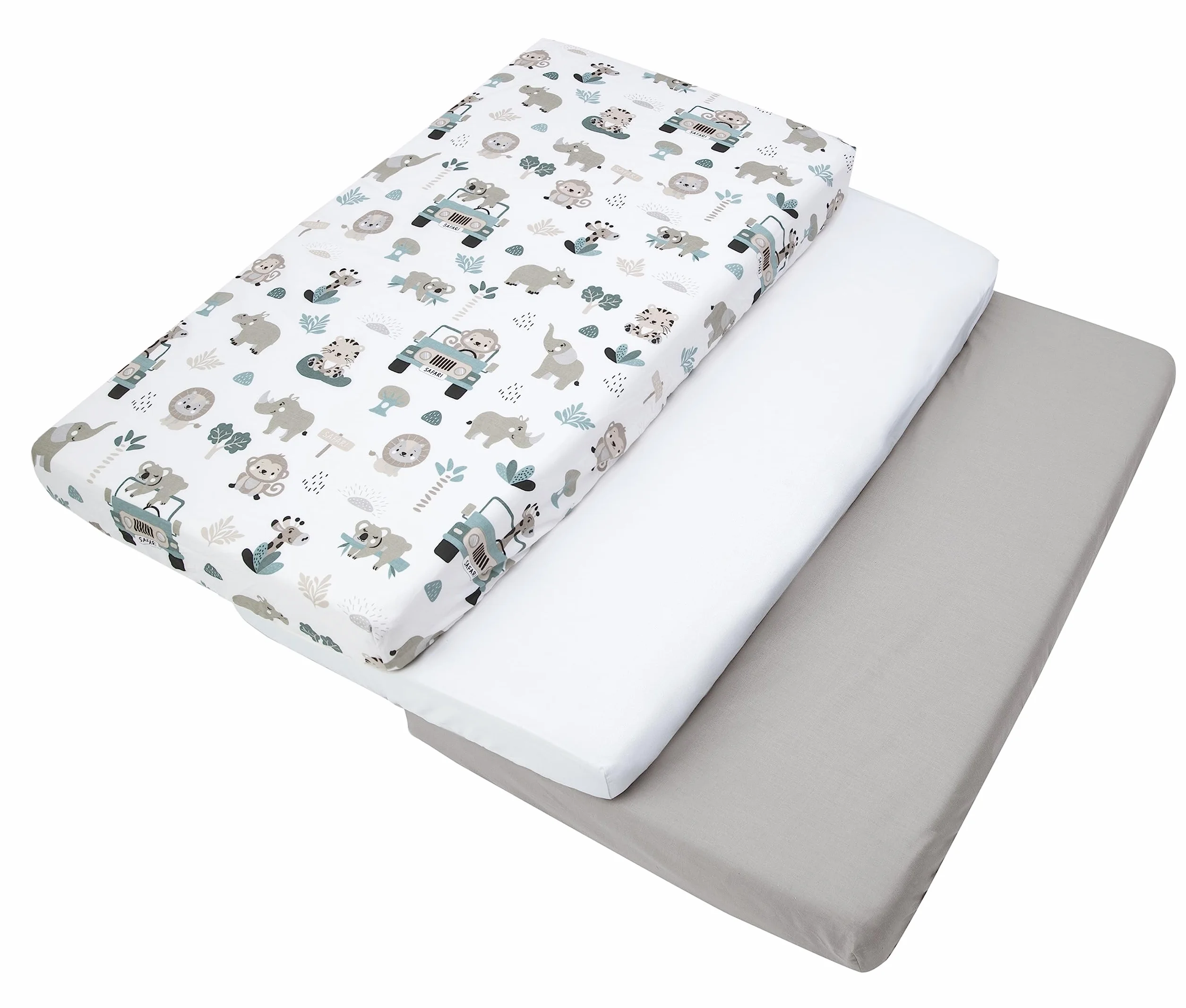 Medi Partners Lenzuola Lettino Set 3 Neonato 60x120 100% Cotone Lenzuolo con Angoli Culla Coprimaterasso Fitted Sheet Bambino Zoo Di Menta-Bianco-Grigio