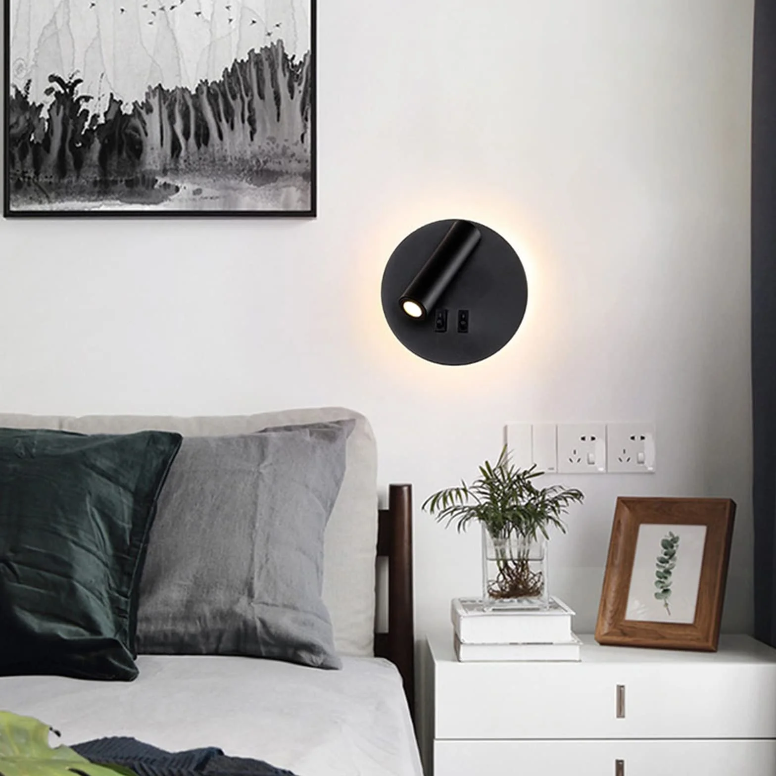 Lampada da parete a LED, lampada da parete da lettura sul comodino, lampade da lettura a parete a LED da 12 W, faretto regolabile （3W + 9W 3000K luce calda） nero (Nero（Forma rotonda） 2PCS)