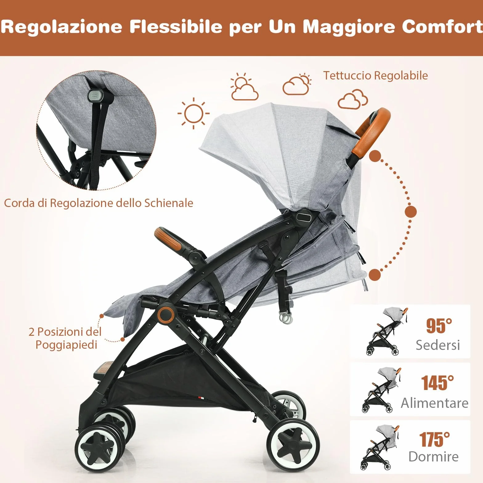 Costway Passeggino Leggero per Bambini 0-3 Anni fino 15 kg, Schienale e Poggiapiedi Regolabili, Cappottina e Zanzariera, Compatto Pieghevole Grigio