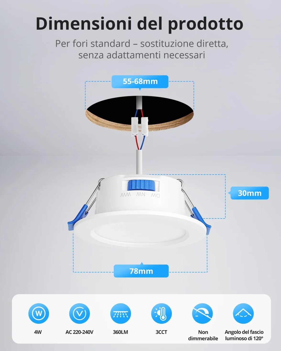 Gr4tec Faretti LED da Incasso per Cartongesso 220V, 4W Faretto LED Interno da Incasso Luce Calda 3000K Luce Naturale 4000K Luce Fredda 6000K, Faretti LED Soffitto Foro 55-68mm per Bagno, Set di 10