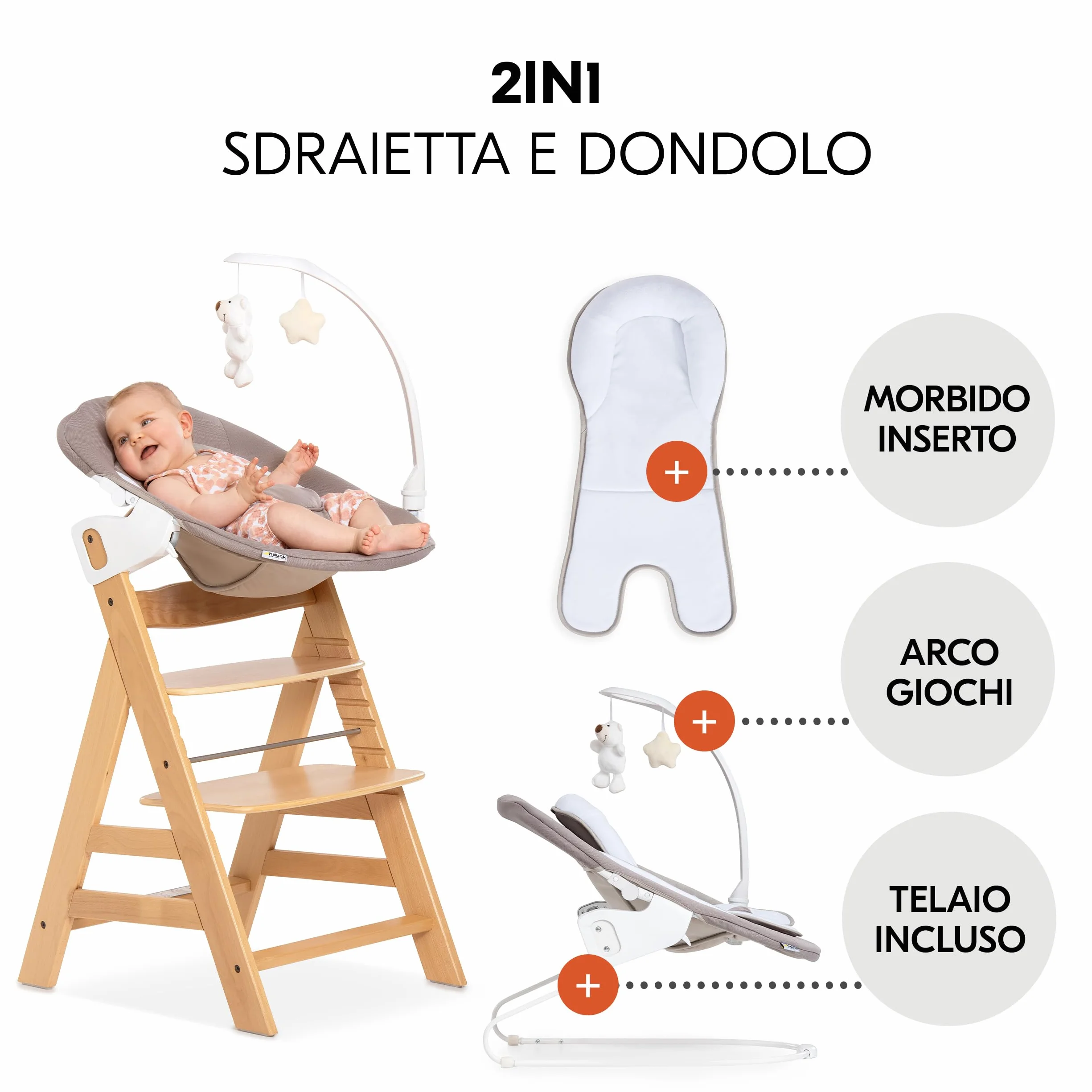 Hauck Alpha Plus Newborn Set Deluxe Seggiolone Evolutivo Legno Naturale con Sdraietta Dondolo e Cuscino