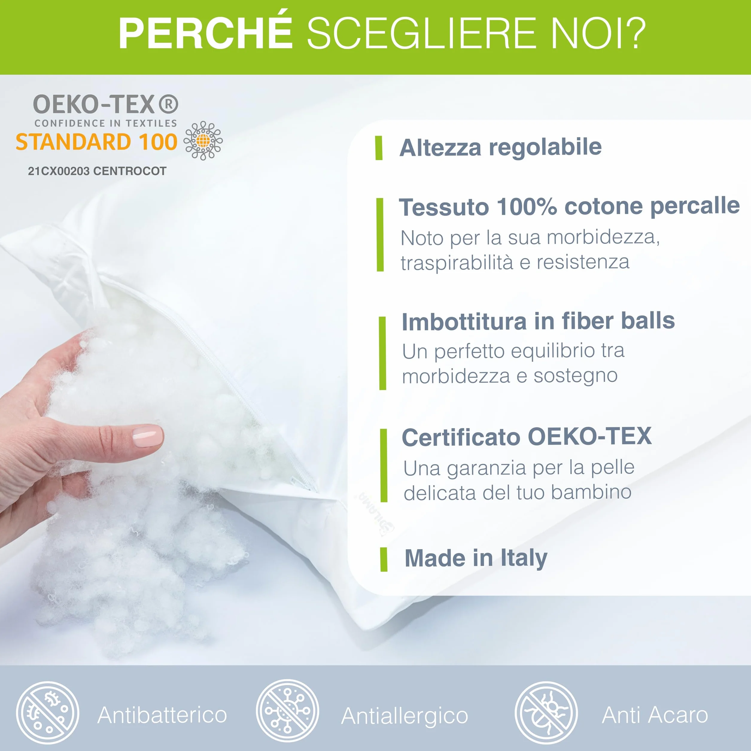 Dilamababy Cuscino Lettino Bambino 40x60 Regolabile in Altezza Anallergico Antiacaro Lavabile Federa Cotone Percalle Oeko Tex