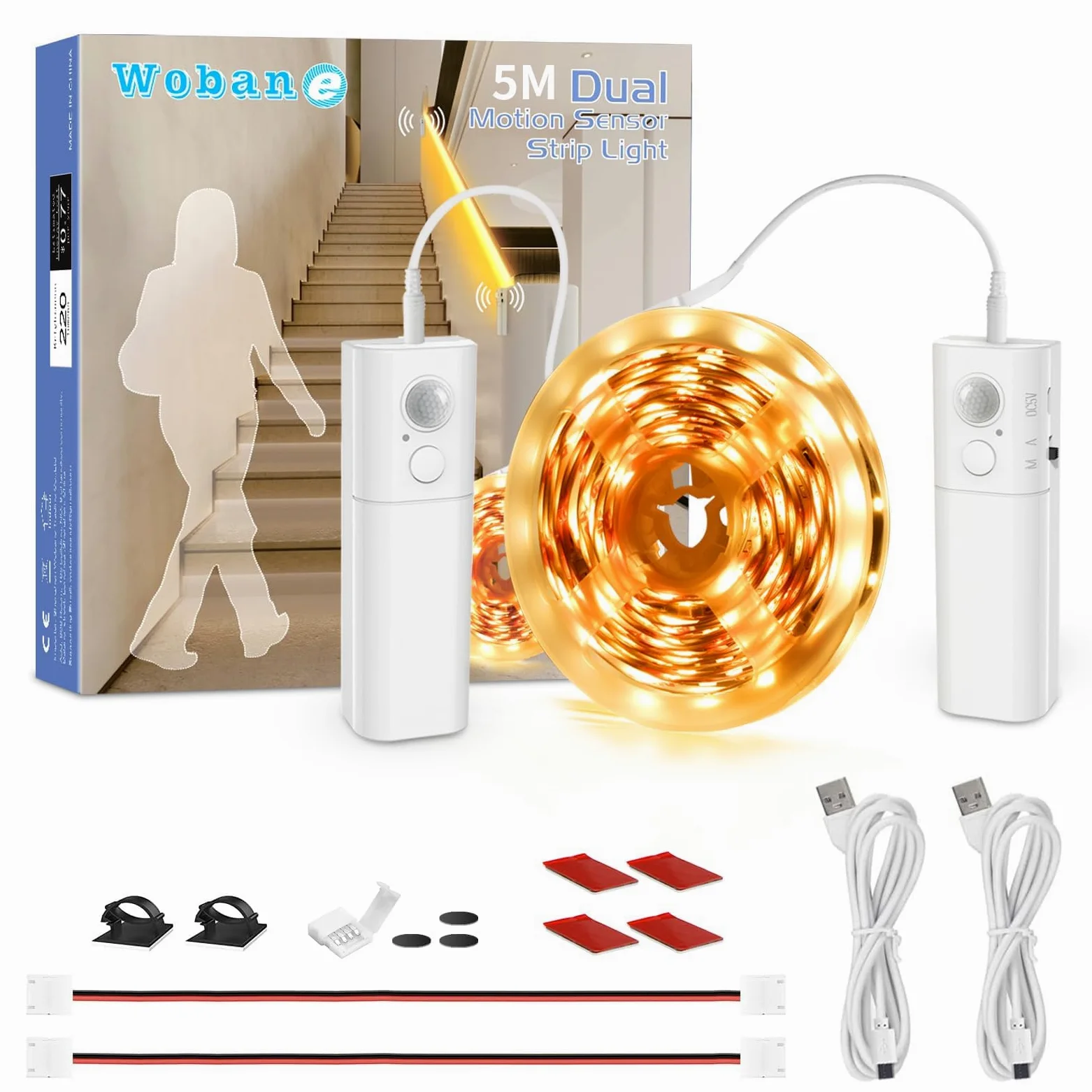 WOBANE Striscia luminosa a LED con sensore di movimento ricaricabile, 5 m, senza fili, con 2 sensori, luci a striscia LED alimentate a batteria, luce bianca calda per armadio, armadietto, 2700 K