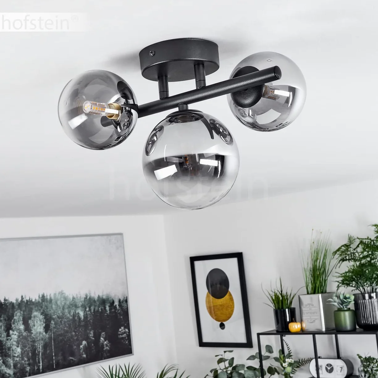 Lampada a soffitto Chehalis, lampada a soffitto moderna in metallo/vetro in colore nero/fumo, lampada dal design moderno con paralumi in vetro fumé, 3 luci, 3 x G9, senza lampadina/e