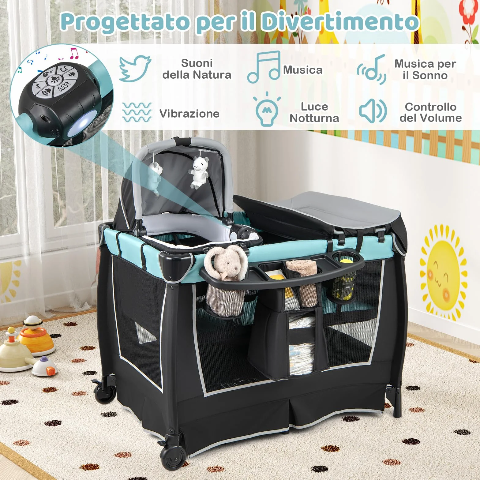 COSTWAY 6 w 1 Lettino da Campeggio per Bambini, Culla Viaggio, Box Portatile Pieghevole, Verde