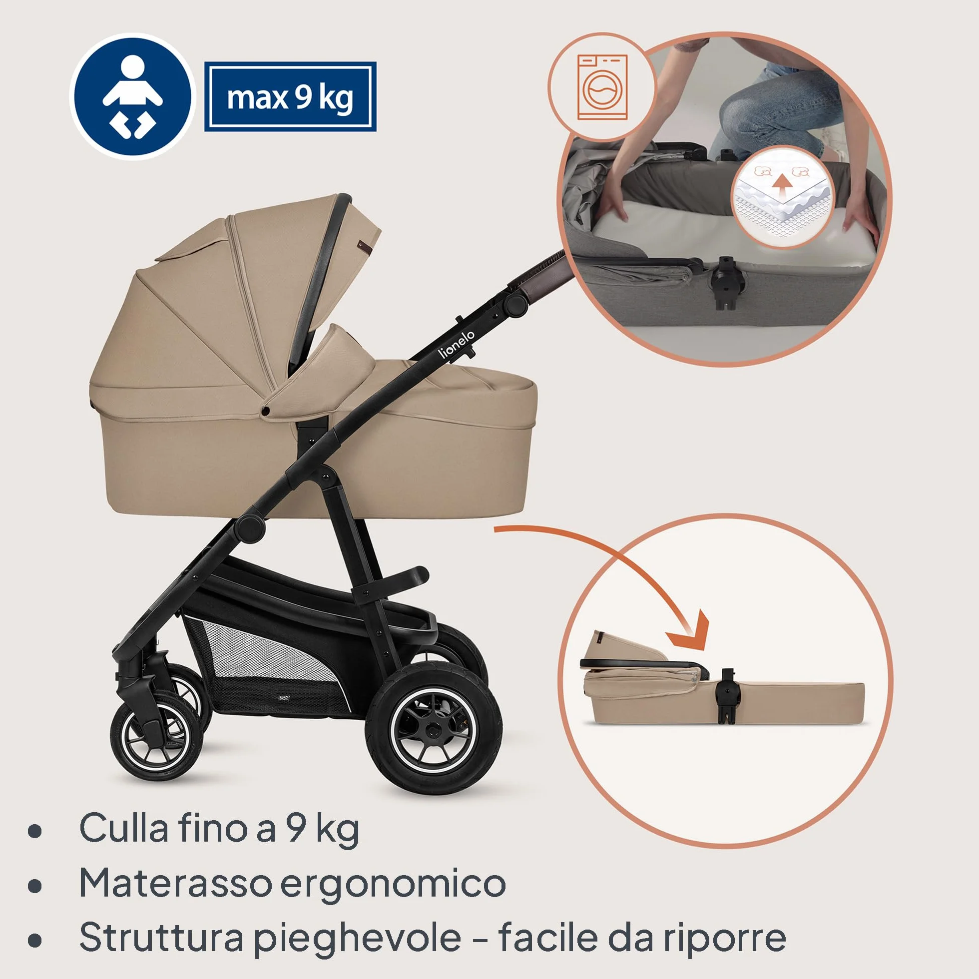 Passeggino 3 in 1 per Bambini 0-48 mesi, Sistema Modulare con Seduta, Navicella, Ovetto Neonato, Leggero, Pieghevole, Ruote Grandi, Cappottina XXL UPF50+