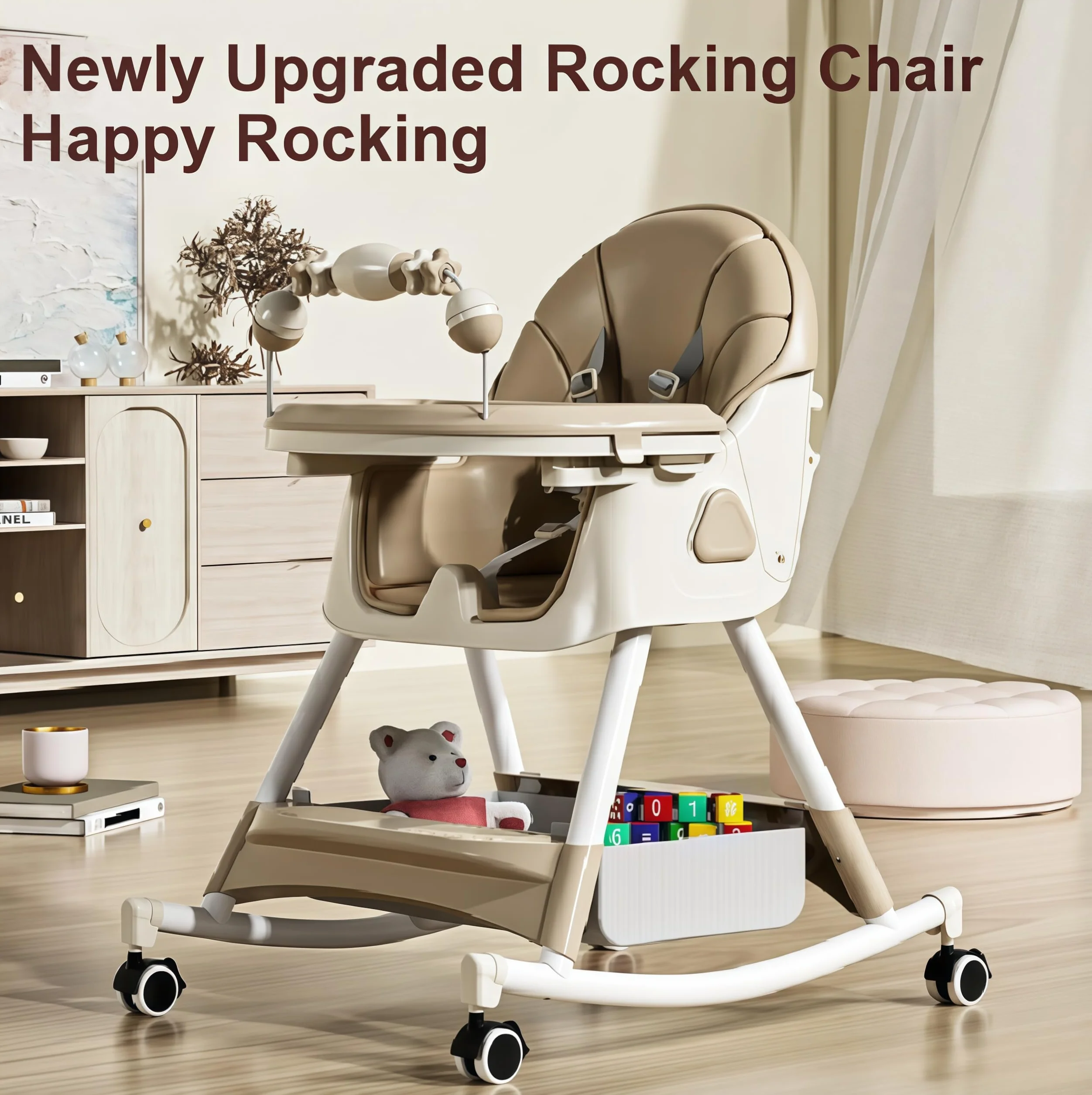 Seggiolone per Bambini Multifunzionale con Oscillazione e Schienale Regolabile 3 Velocità Doppi Vassoi Staccabili Ruote (560 Khaki)