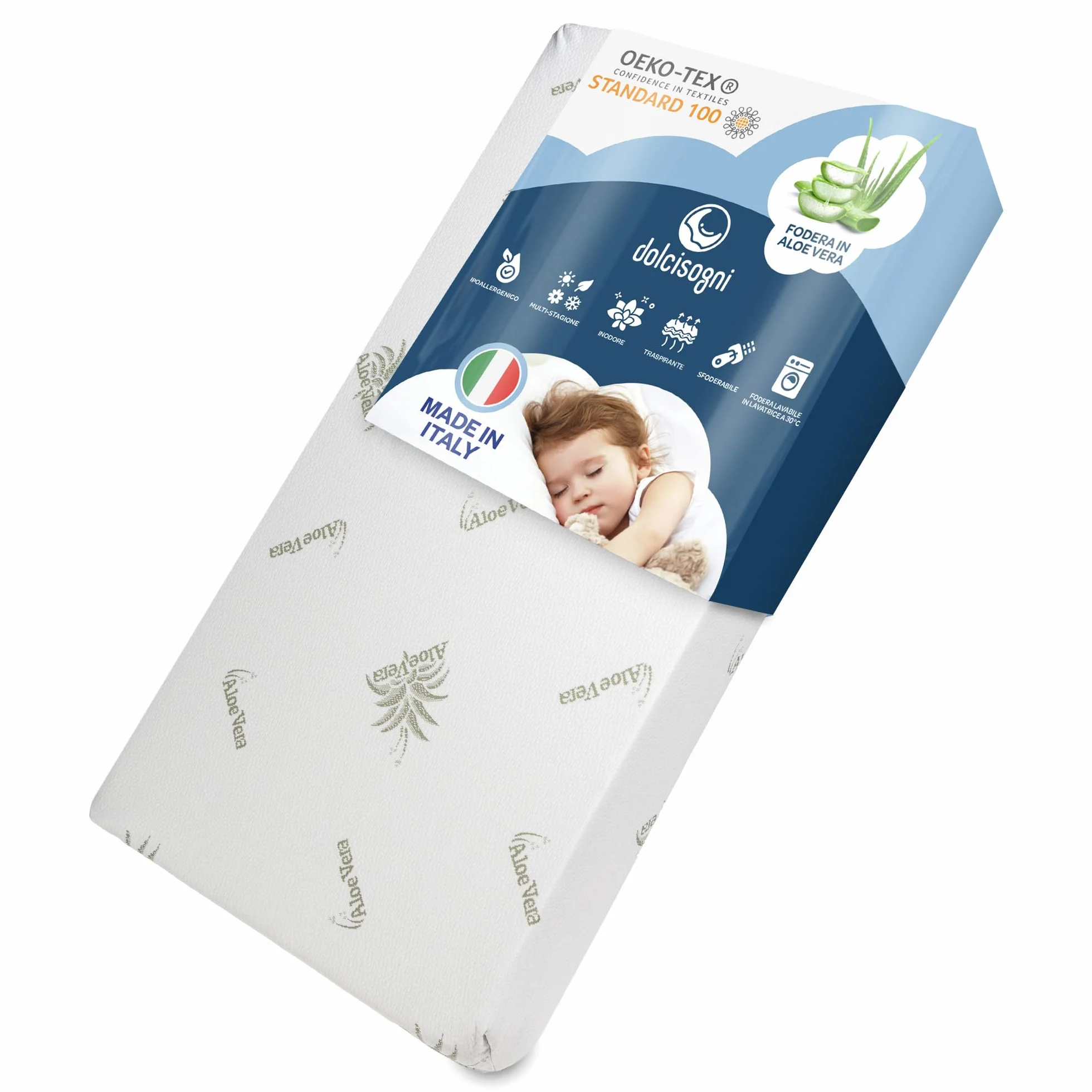 DOLCI SOGNI Materasso Lettino 60x120 cm Spessore 14 cm OEKO-TEX CertiPUR Fodera Aloe Vera Sfoderabile Lavabile