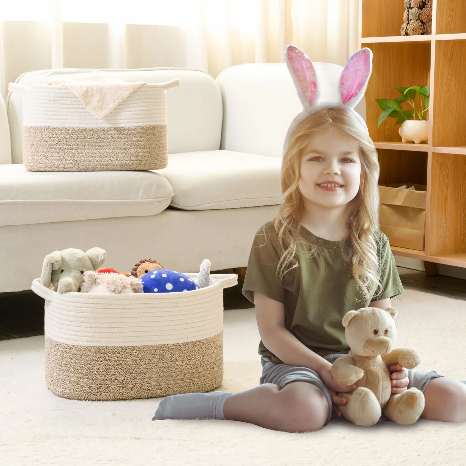 Cesto portaoggetti in corda di cotone per organizzare giocattoli bambini, cesti regalo, portabiancheria (Bianco e Marrone, 3 Pezzi)