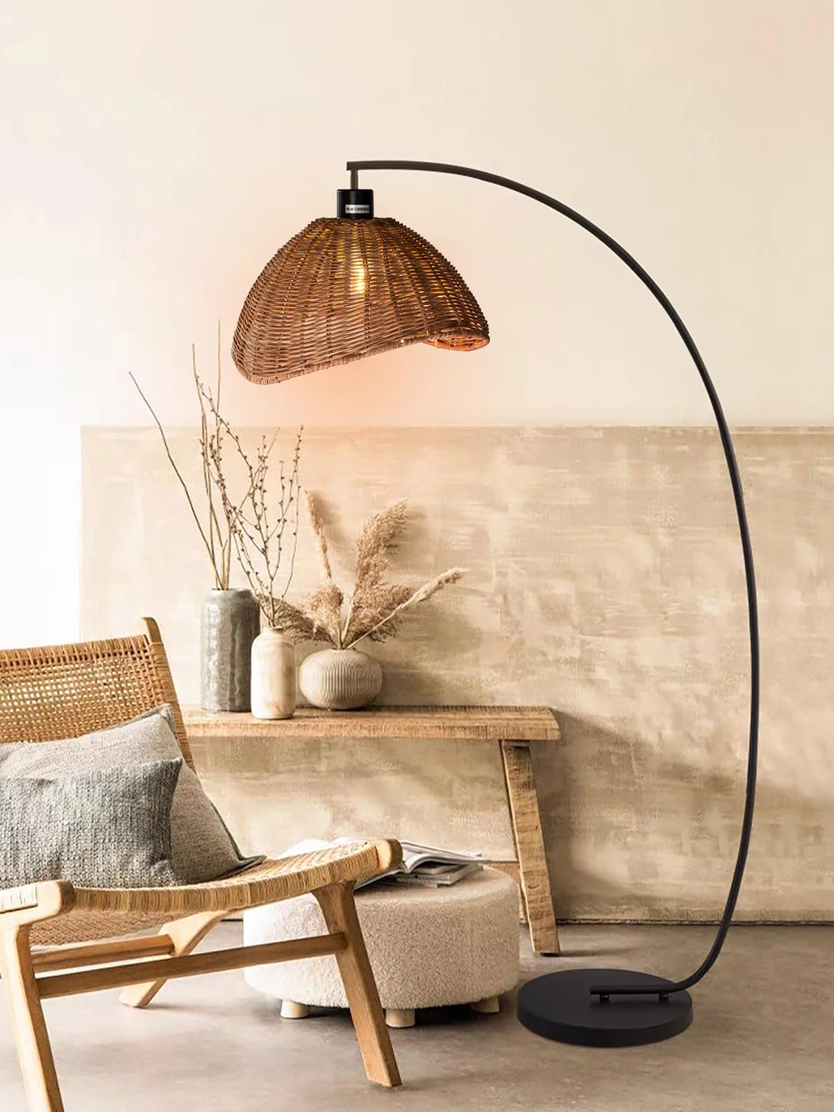 Paralume rustico in rattan con paralume intrecciato a mano per lampada a sospensione, rotondo, E27, design boho, colori naturali (1, verde scuro/marrone)