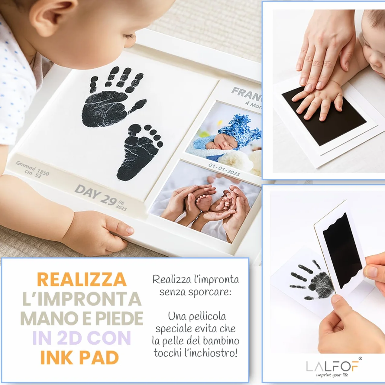 Lalfof® Cornice Impronta Mani e Piedi Neonati 2in1 con Nome, Kit in Argilla e Inkpad, Idea Regalo per Neonato