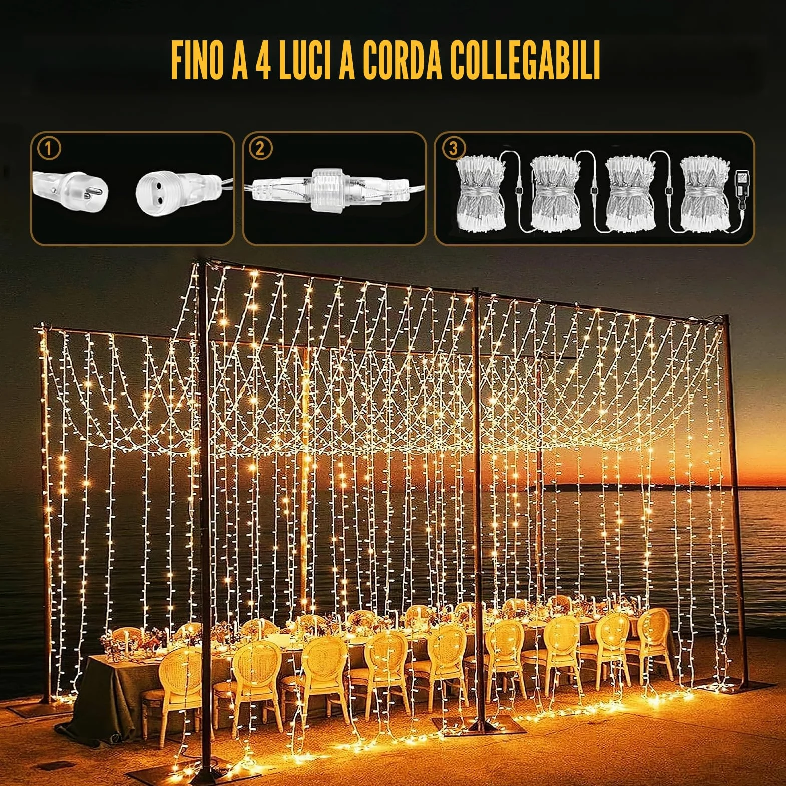 Tenda Luminosa Esterno 6Mx3M,GlobaLink 600LEDs Luci Natale Interno IP44 Impermeabile,Catena Luminosa Esterno Collegabile Luci Cascata 8 Modalità Luce per Natale,Tenda,Finestra,Giardino-Bianco Caldo