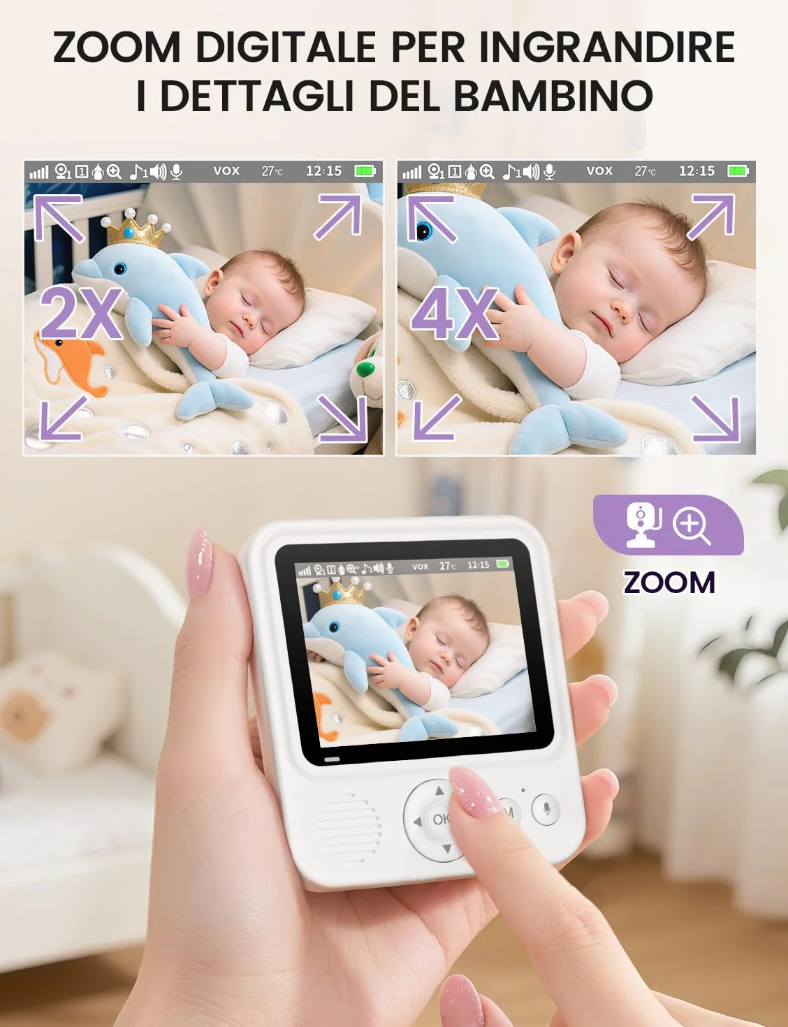 Baby Monitor Video e Audio 2,8" 720P LCD IPS 2000mAh USB-C Zoom Digitale VOX Visione Notturna Comunicazione Bidirezionale Sensore Ninna Nanna
