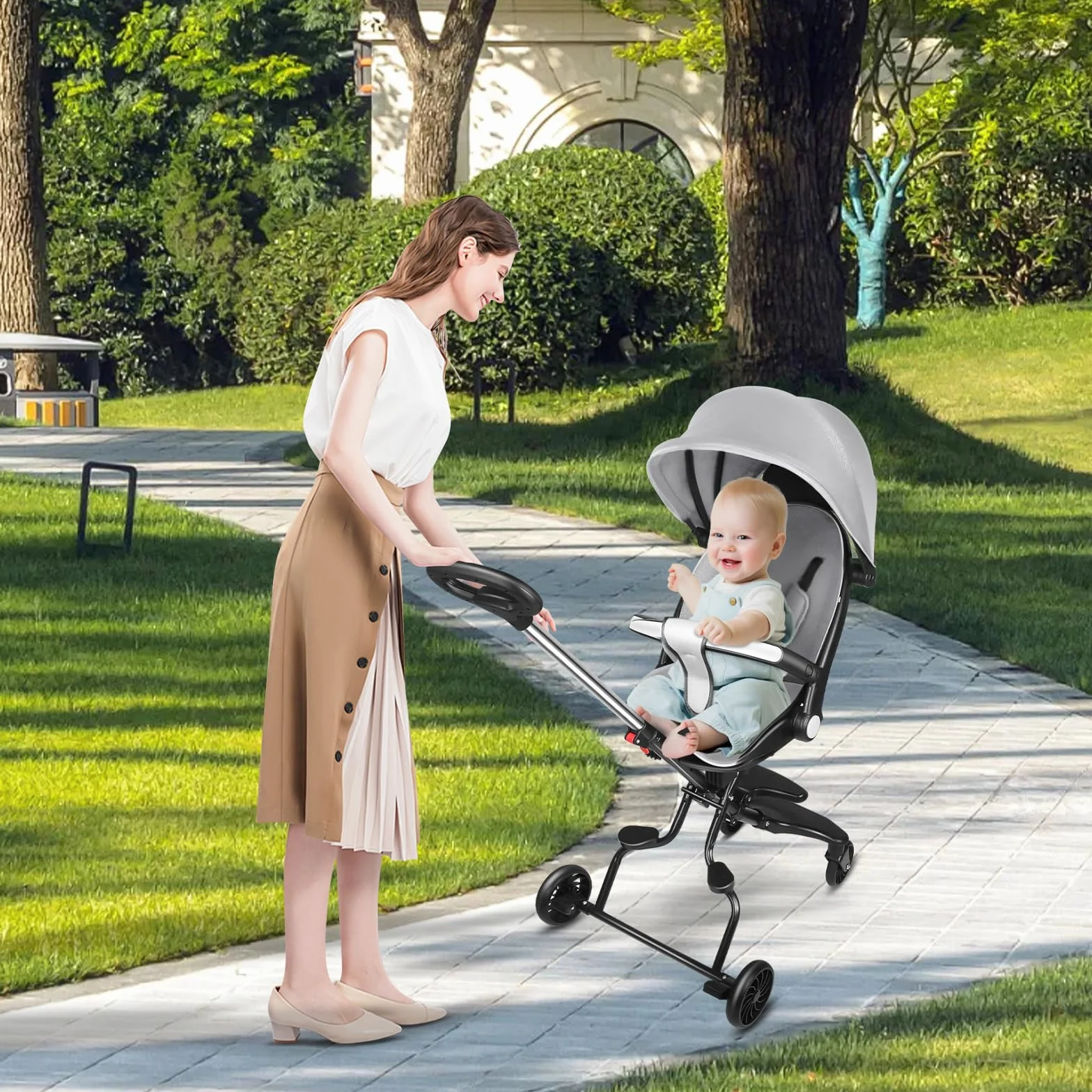 OHMG Passeggino compatto pieghevole 25 kg con sistema trolley cappottina estensibile 0-4 anni 5 kg