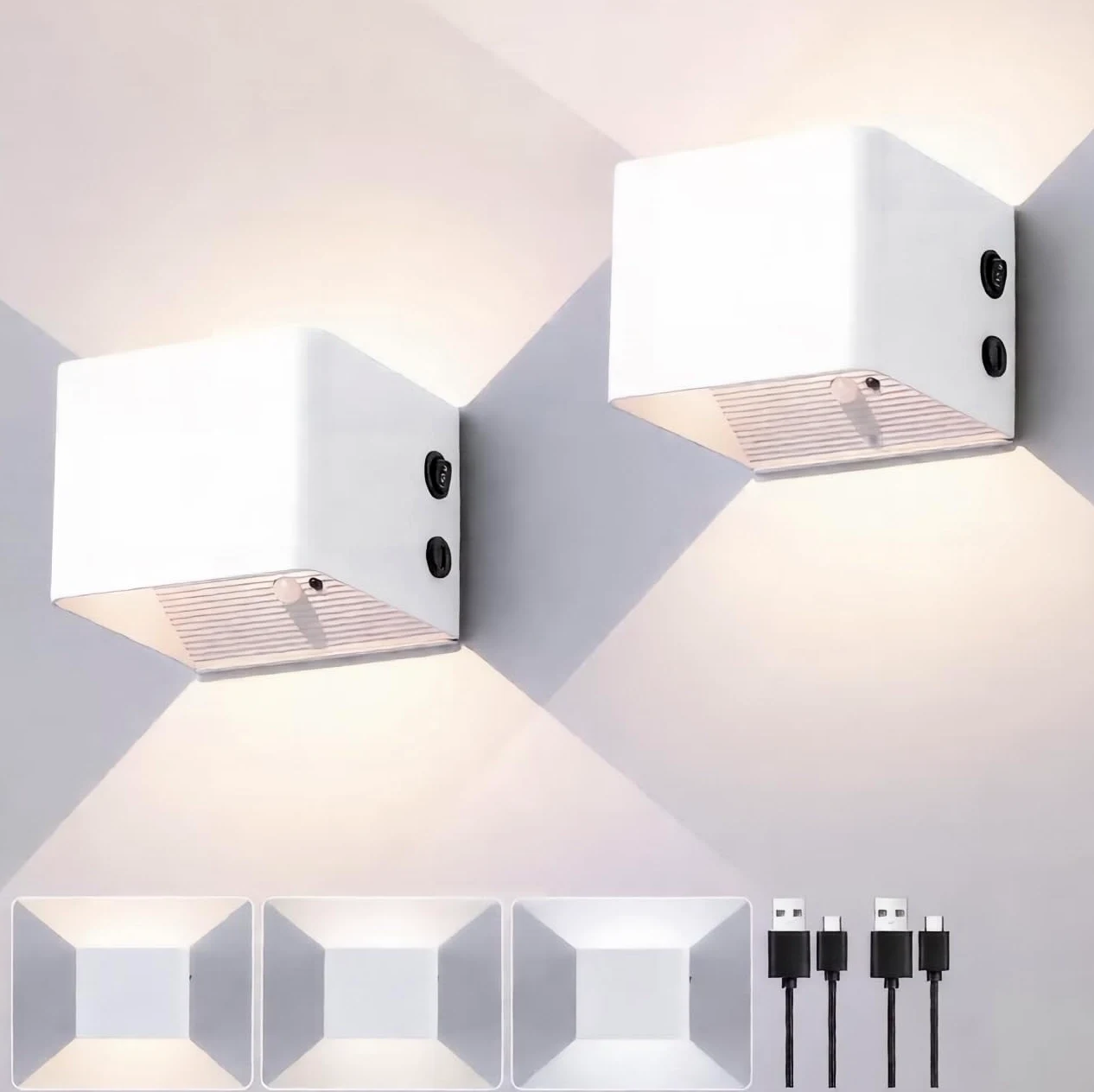 FUPE Applique da Parete Interno con Sensore di Movimento,Applique da Parete a Batteria da 4000 mAh con Telecomando,3 Colori Regolabile in Luminosità,Senza Fili,USB Ricaricabile,Bianco 2 Pezzi