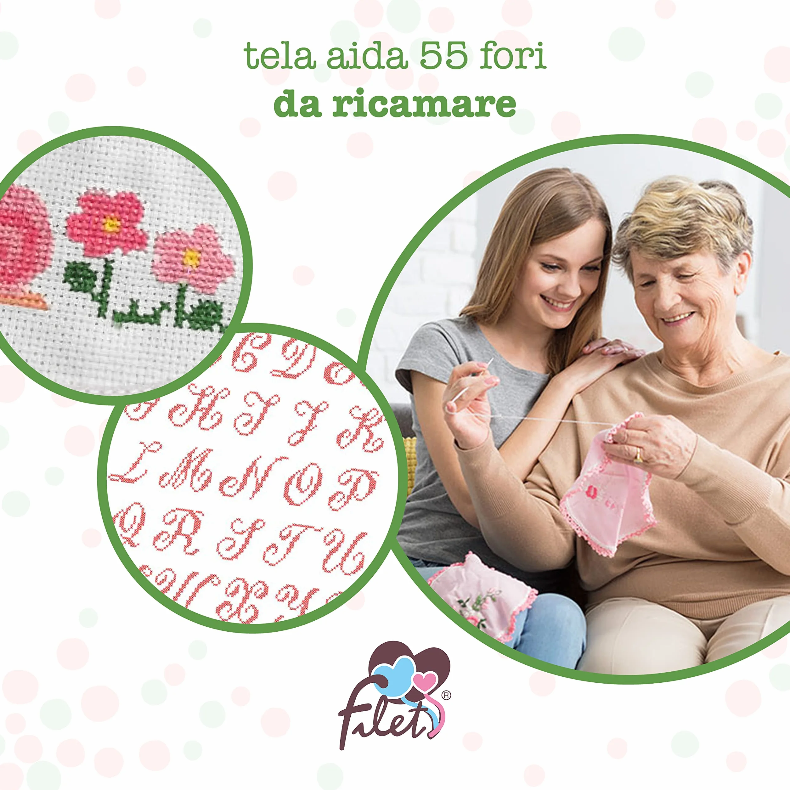 Set Asilo 3 Pezzi Fantasia Lettere e Animali Rosa con Tela Aida da Ricamare, Sacchetto, Asciugamano e Bavaglino in Spugna Bianca, 100% Cotone Made in Italy