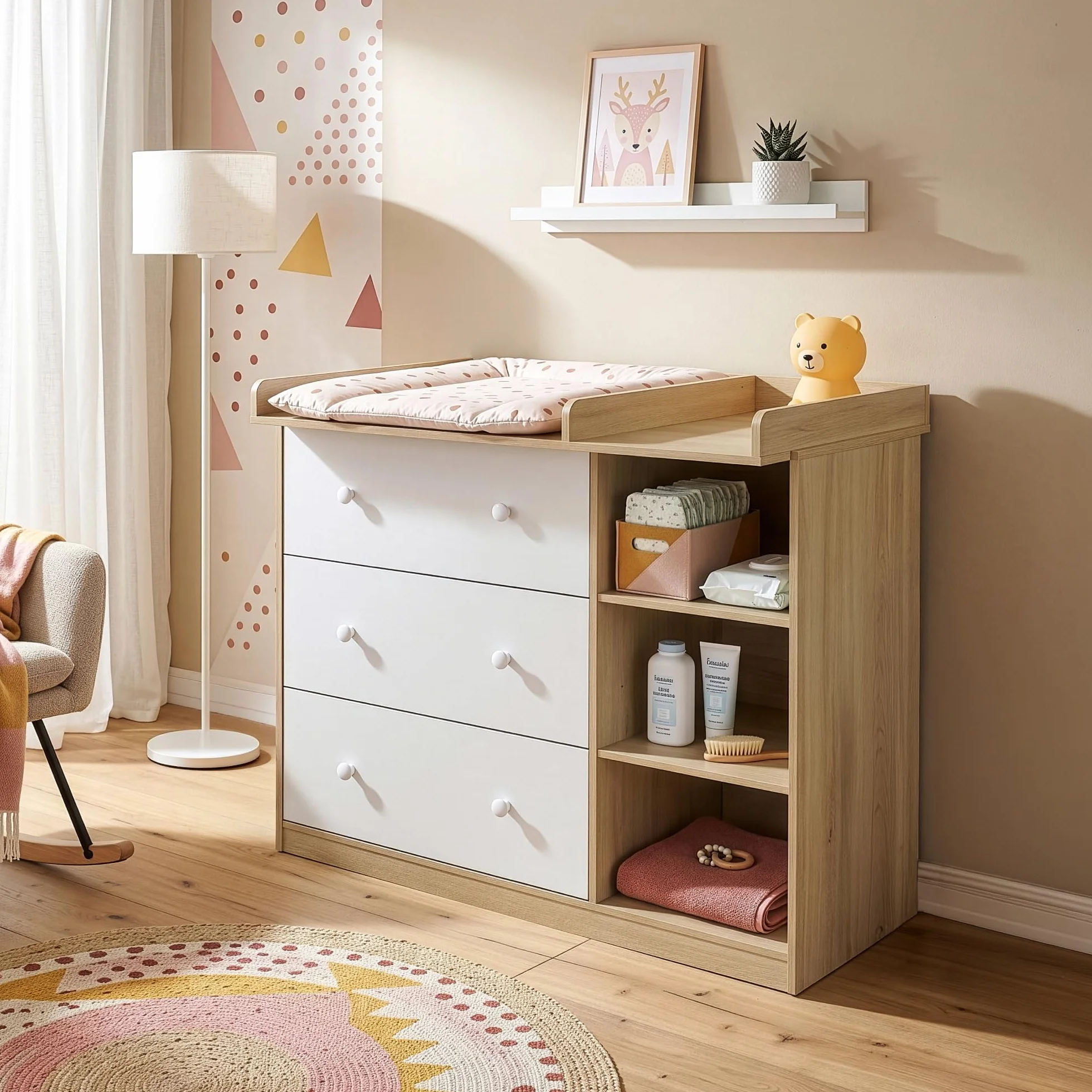 Cassettiera con Piano Fasciatoio Rimovibile 3 Cassetti 93x110x55 cm Effetto Rovere/Bianco