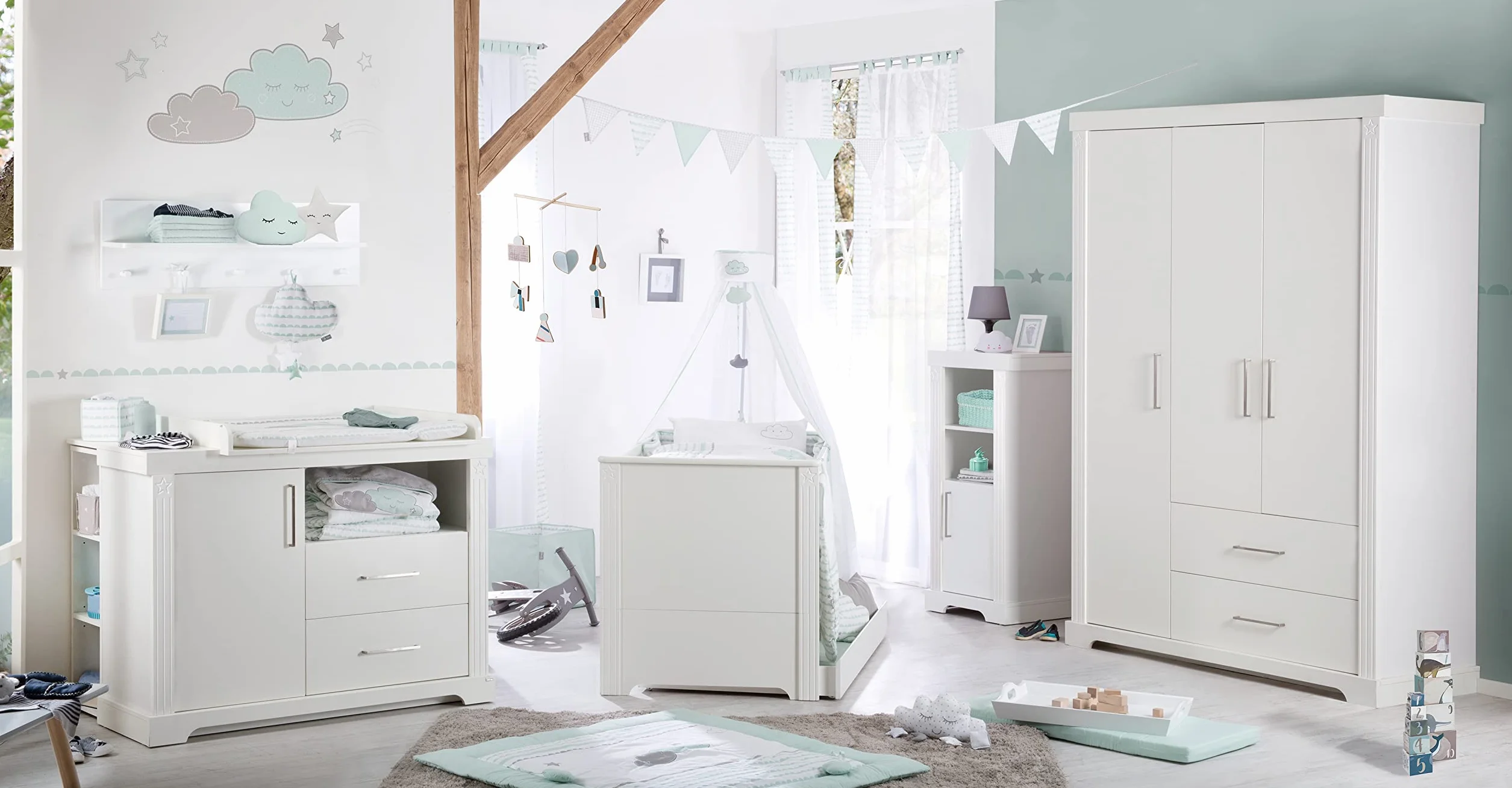 Set di mobili Maxi letto combinato 70 x 140 cm cassettiera avvolgente armadio 3 ante bianco