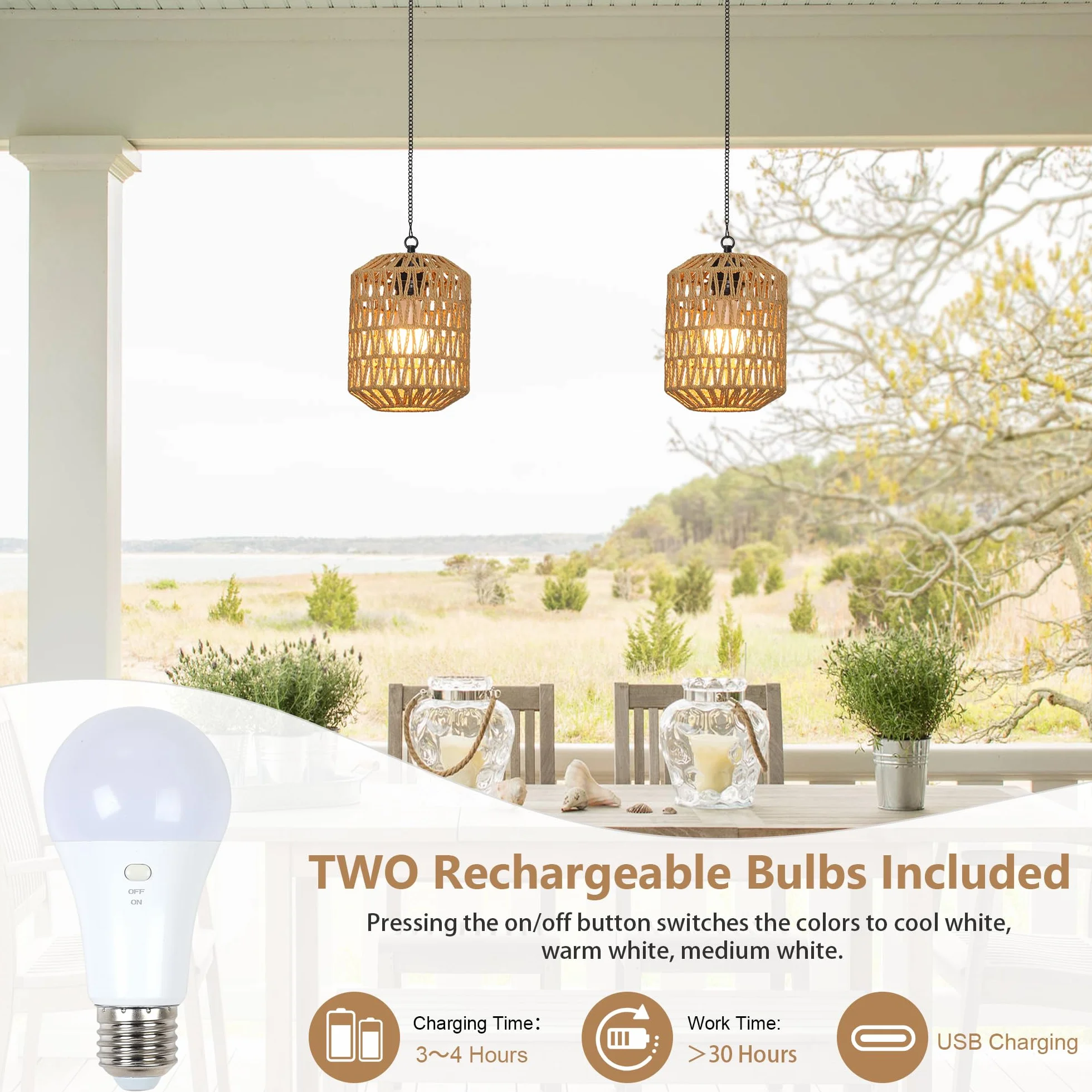 Rayofly 2 Pezzi Lampada a Sospensione Ricaricabile per Interni, Luce a Pendente Boho con Batteria, Lampada Pendente in Rattan senza Attacco Elettrico, Luci da Parco per Esterni con Bulbo e Telecomando
