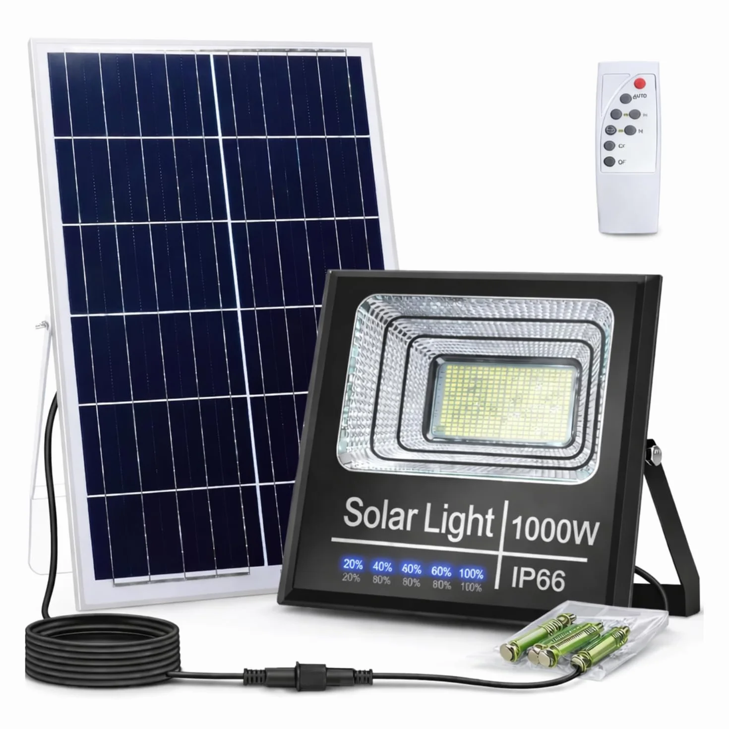 Faro Solare LED 1000W con Pannello Solare, Luce Esterno 6500K Ultra Potente, Sensore Crepuscolare Automatico, Telecomando, IP67 Impermeabile, Faretto da Esterno per Giardino, Cortile, Strada.