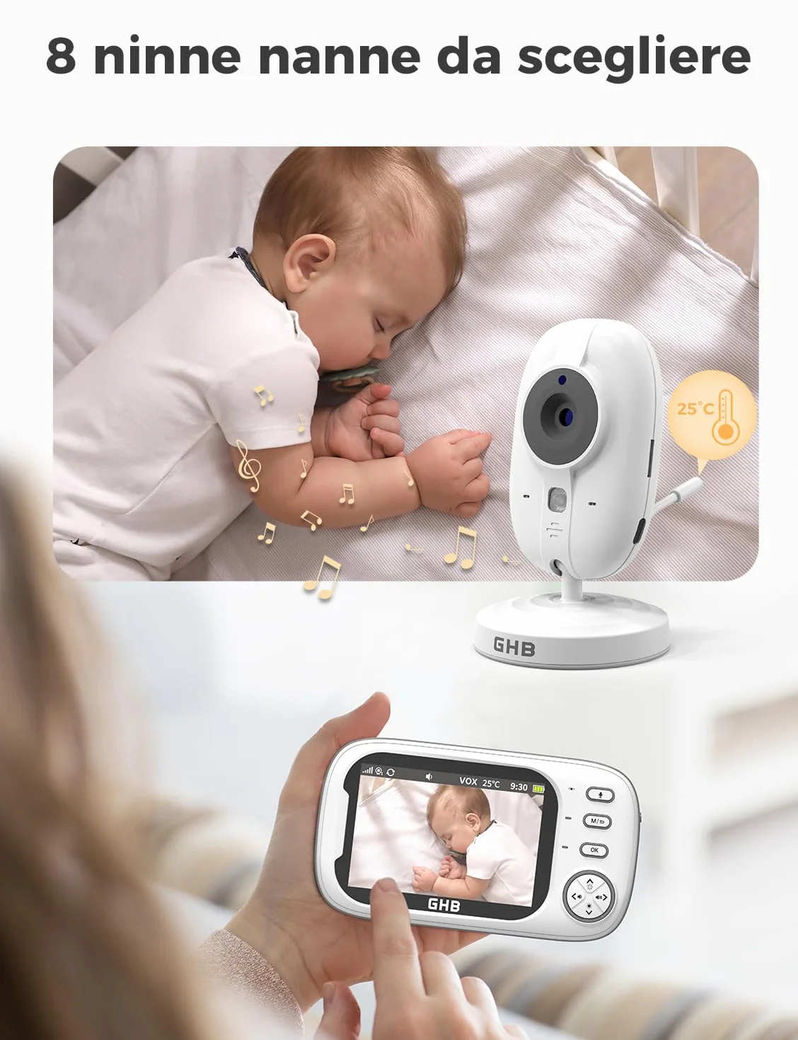GHB Baby Monitor 3.5'' 720HD Kamera z Audio, 2000mAh, Komunikacja Dwukierunkowa, VOX, Nocne Widzenie, Monitorowanie Temperatury