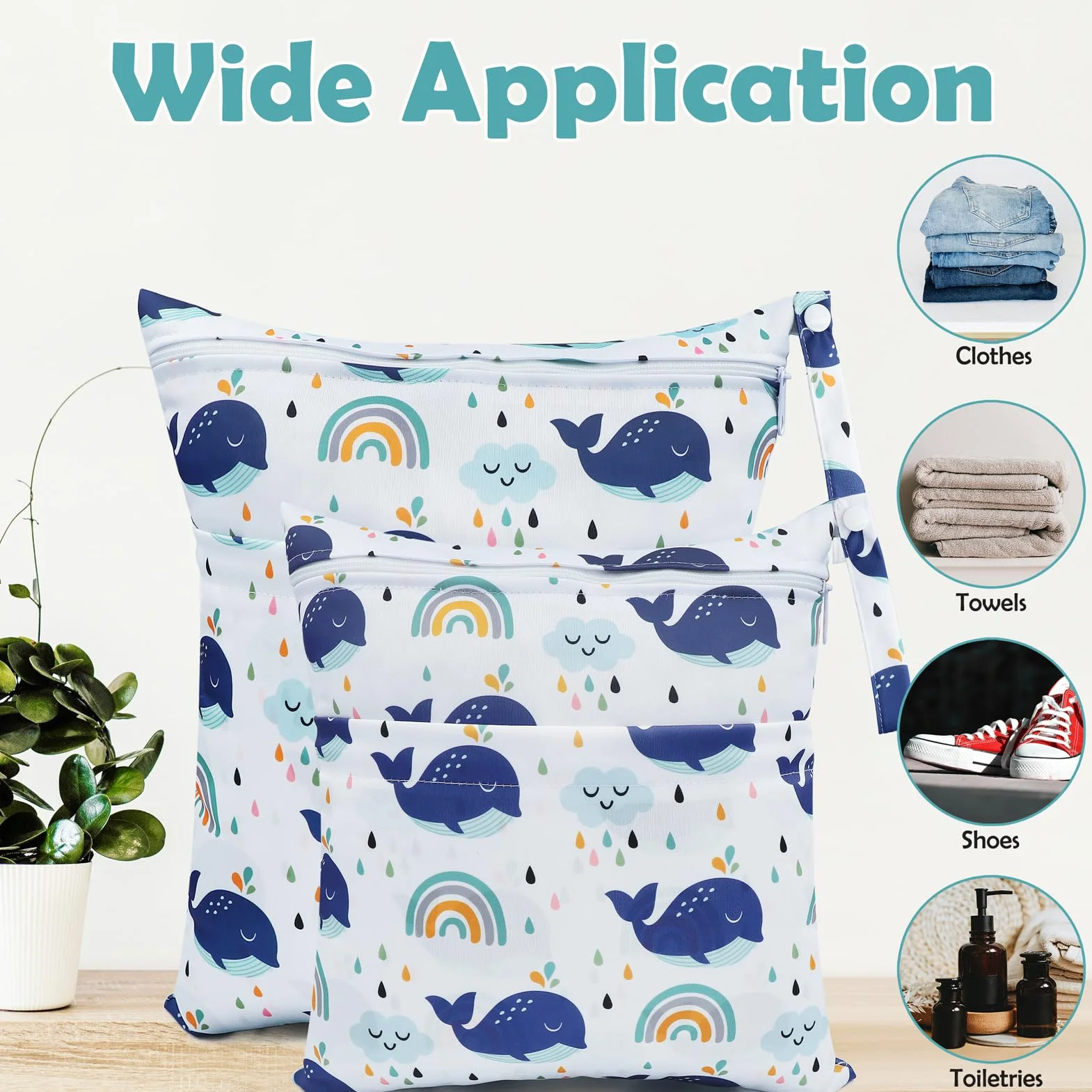Borsa per Pannolini Lavabile Impermeabile 2 Pcs Wetbags Doppia Cerniera Balena Bianca