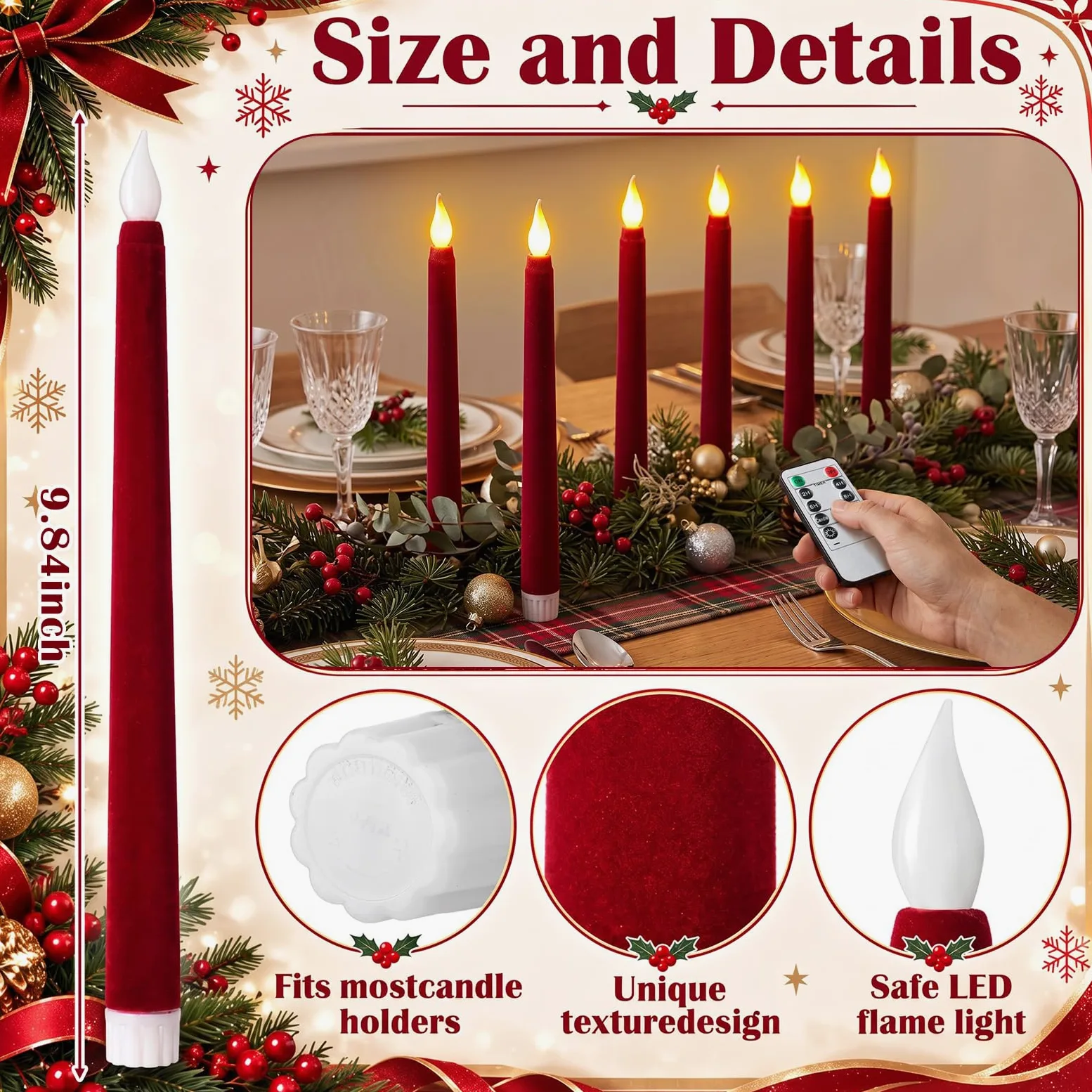 Tujoe 6 pz bordeaux LED velluto cono candele timer telecomando Natale | Design a batteria senza fiamma, effetto tremolante, telecomando con timer, texture vellutata per caminetti, tavoli