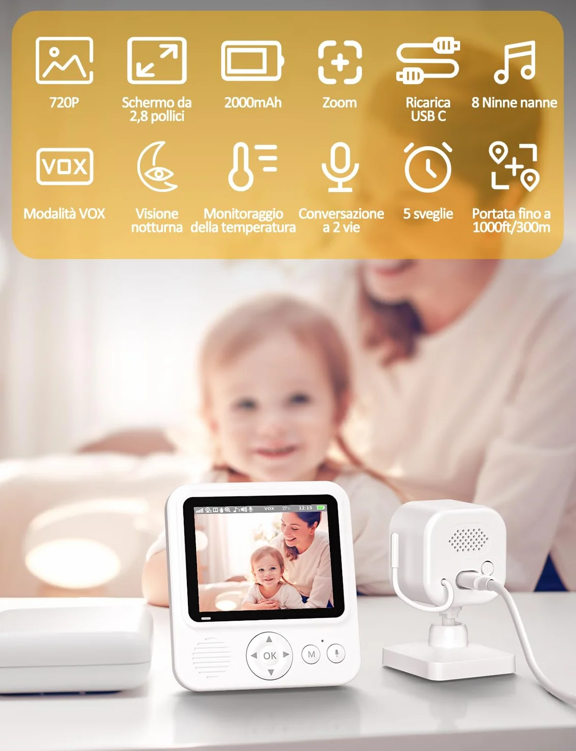 Baby Monitor con Telecamera 2,8 Pollici 720P Babyphone Camera Zoom USB-C VOX Visione Notturna Comunicazione Bidirezionale Sensore di Temperatura 8 Ninne Nanne