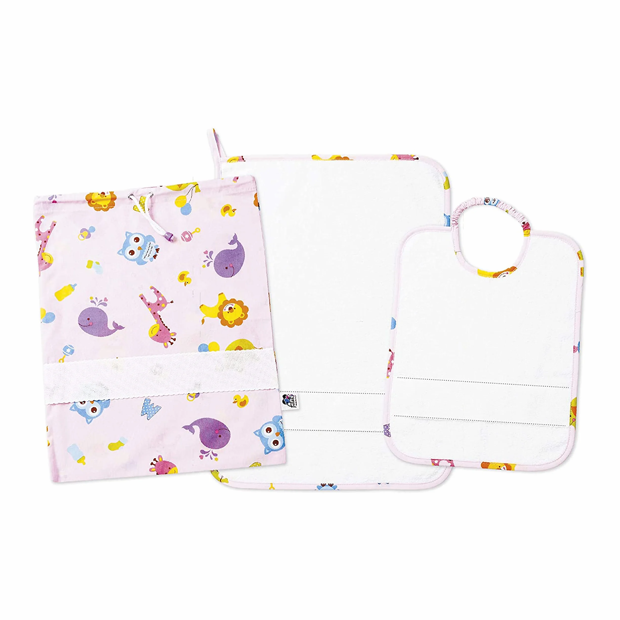 Set Asilo 3 Pezzi Fantasia Lettere e Animali Rosa con Tela Aida da Ricamare, Sacchetto, Asciugamano e Bavaglino in Spugna Bianca, 100% Cotone Made in Italy