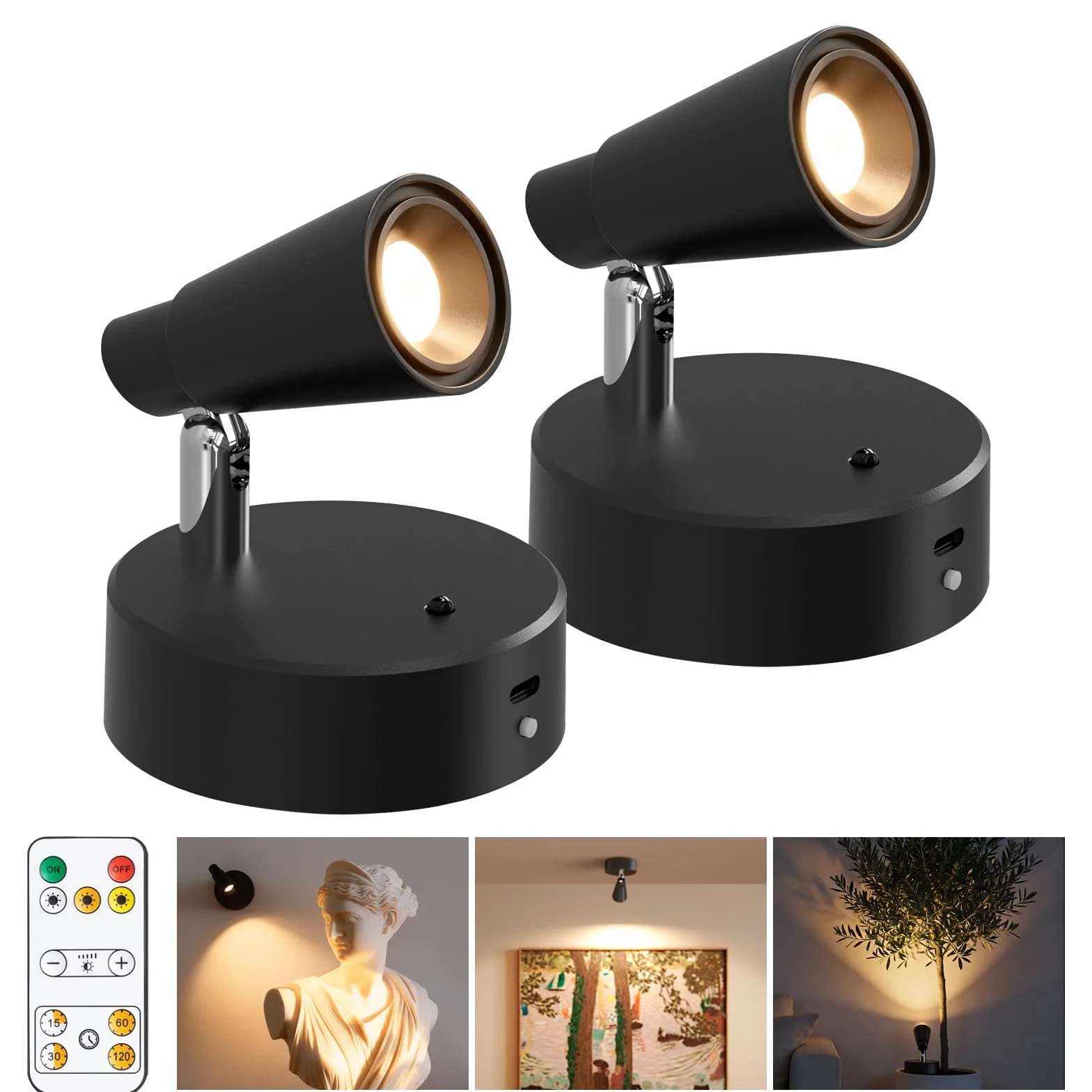 Faretto LED Interno Senza Fili con Ricaricabile Batteria da 5000mAh, 2 Pezzi Faretti da Parete con Dimmerabile & 3 Temperature Colore per Letto Tocco & Telecomando