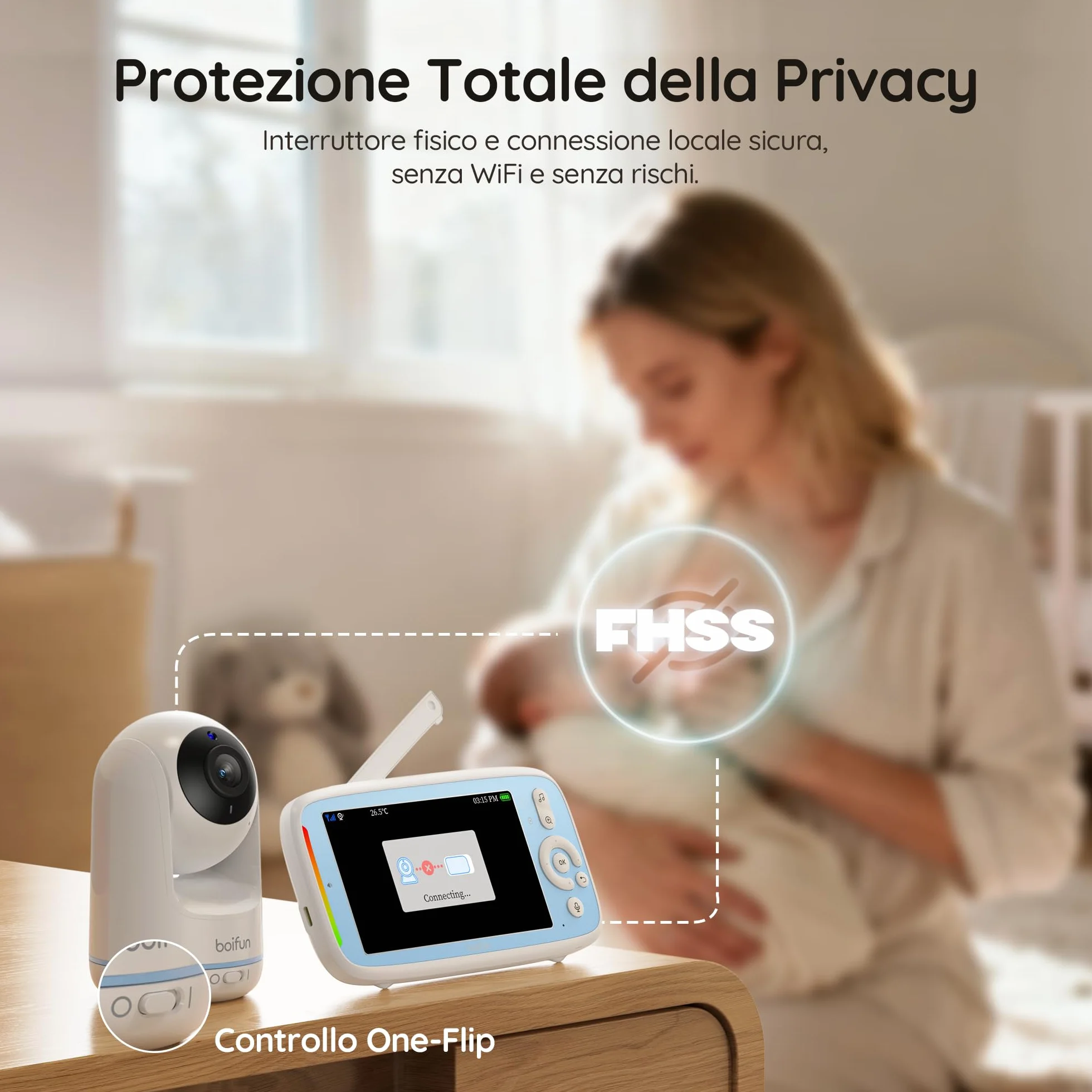 Boifun Baby Monitor 360° HD, Schermo IPS 5", Audio Bidirezionale, Rilevamento Temperatura, Batteria 3050mAh, Zoom 3X, Visione Notturna, Modalità VOX, Ninne Nanne