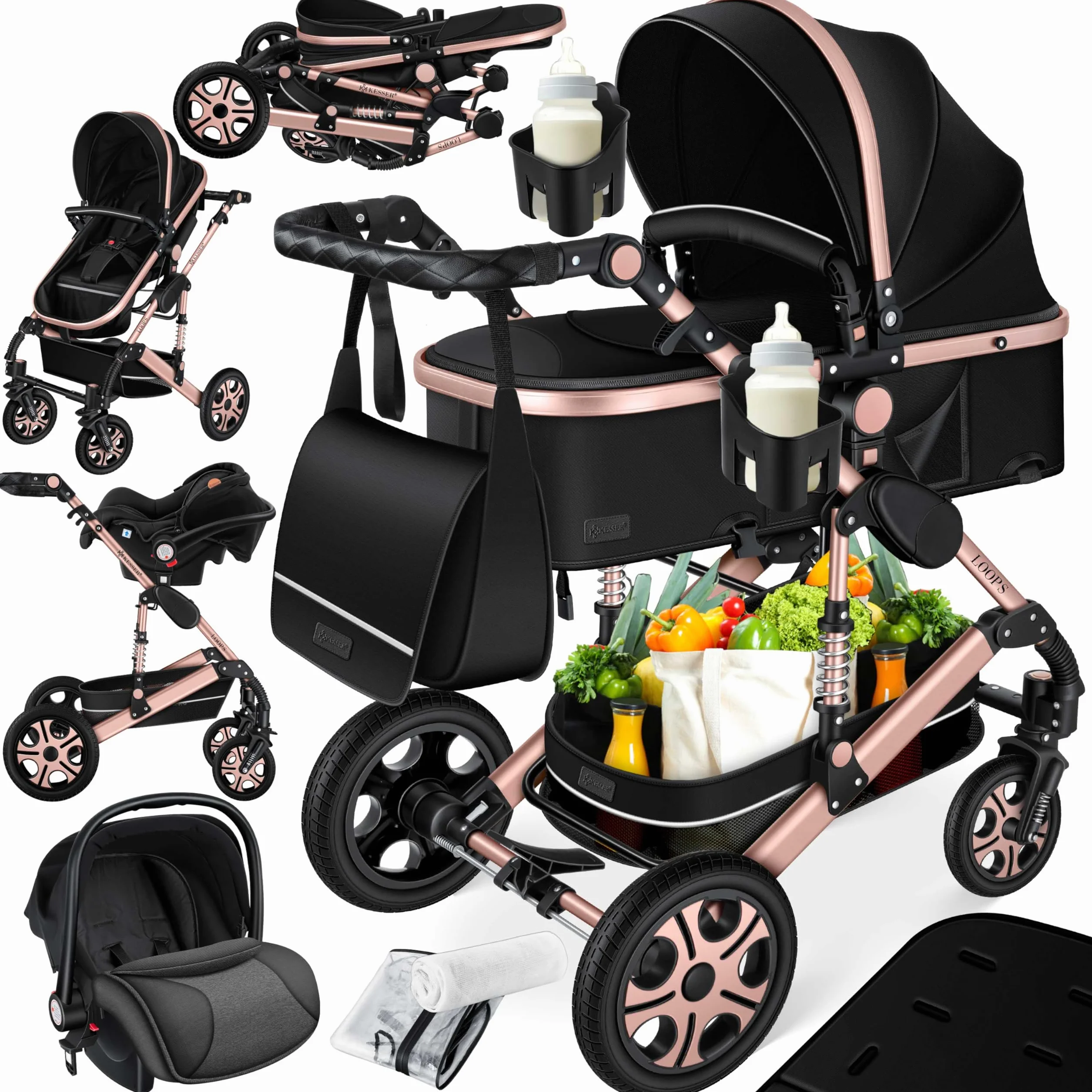 KESSER Carrozzina 3in1 Loops, Combinata con navicella, Seggiolino auto, Nero/Oro Rosato