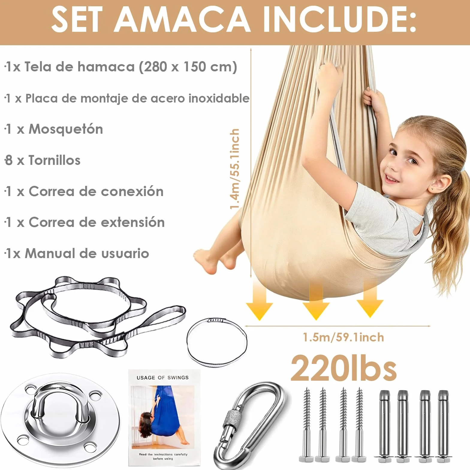 Trapezio Terapeutico per Bambini 100kg 280x150cm Telo Yoga Aereo Amaca