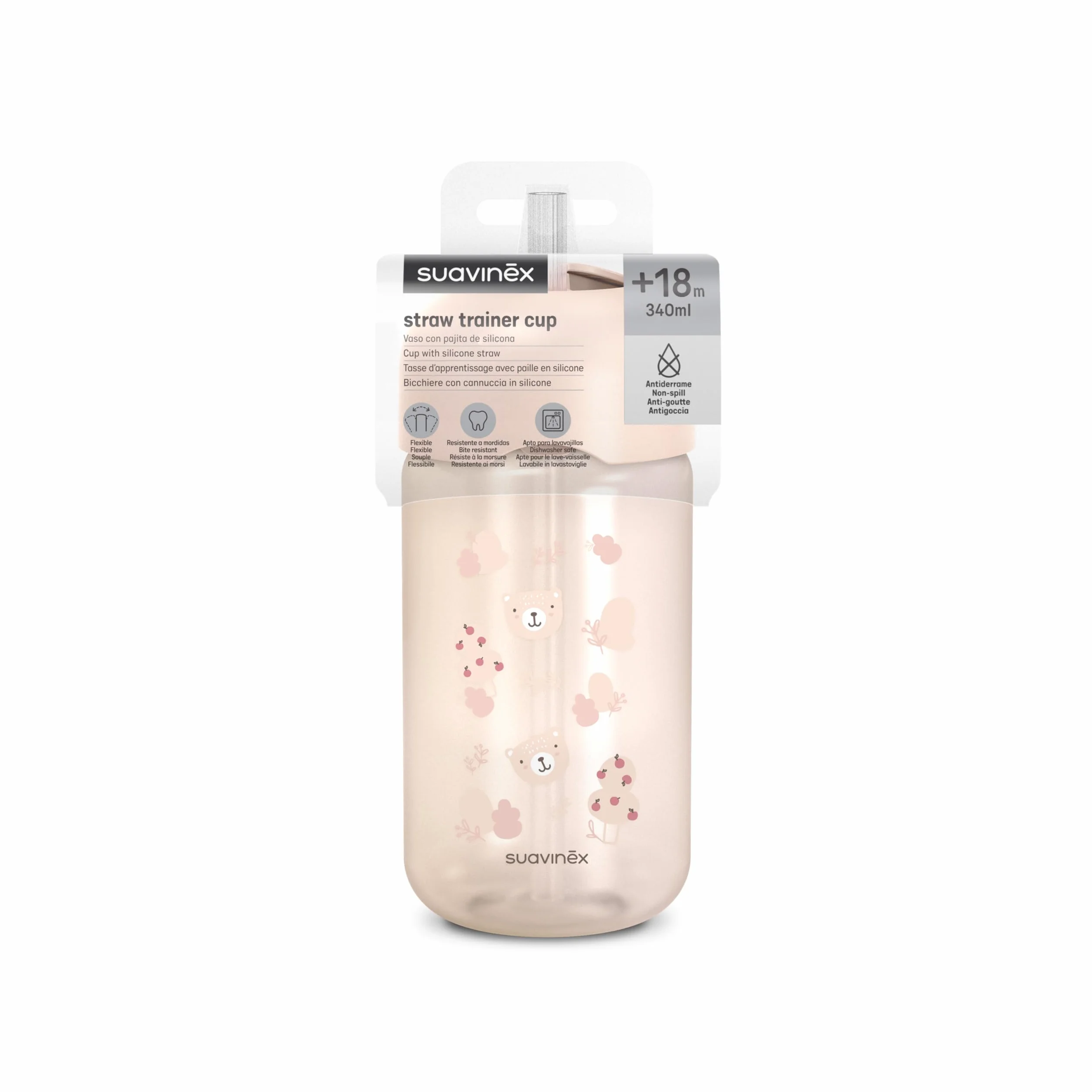 Suavinex Bicchiere Evolutivo Neonati 18 Mesi Cannuccia Silicone Morbido Flessibile Anti-fuoriuscita Anti-gocciolamento Coperchio 340 ml Wild&Free Rosa