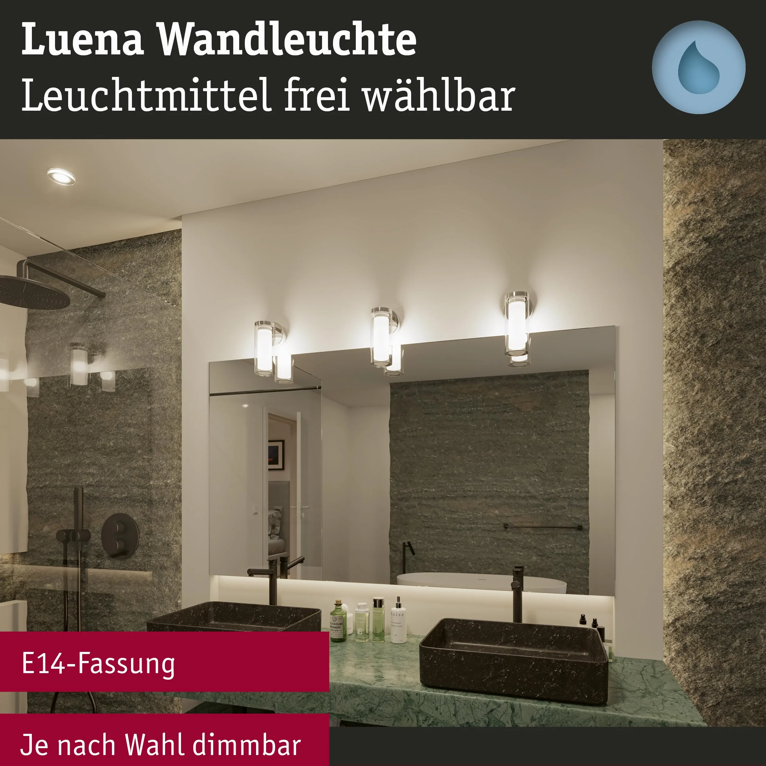 Paulmann 71076 Applique Selection Bathroom Luena IP44 E14 230 V max 20W dimmerabile cromo, vetro, luce da bagno a una fiamma
