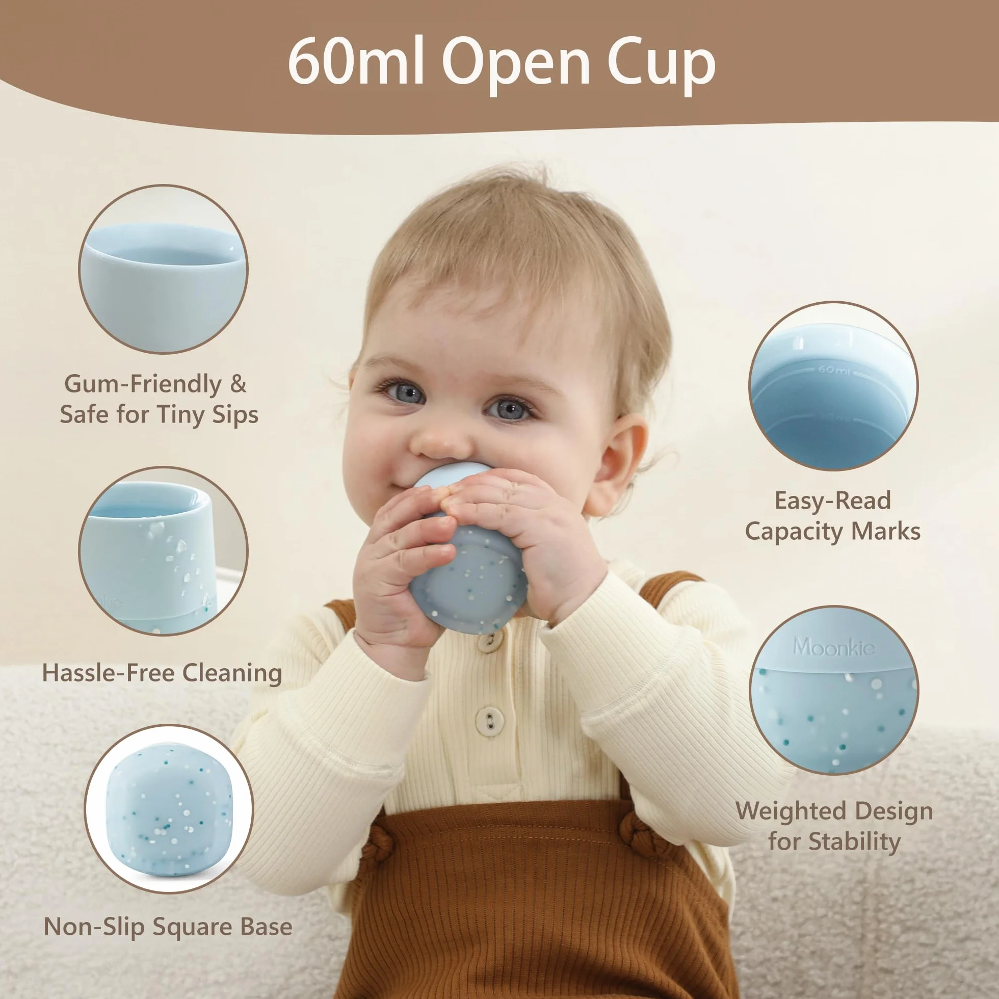Moonkie Bicchiere Bambini 2 Pezzi Silicone Neonato 4 Mesi+ Svezzamento Base Ponderata senza BPA Lavastoviglie 2oz