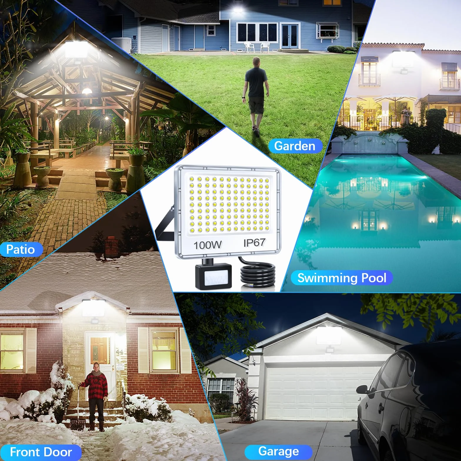 YIQIBRO Faro LED Esterno con Sensore Movimento 100W, Faretto con Sensore di Movimento 10000LM 6500K Bianca Fredda, Impermeabile IP67 Luci da Esterno per Giardino, Terrazza, Garage, Entrata