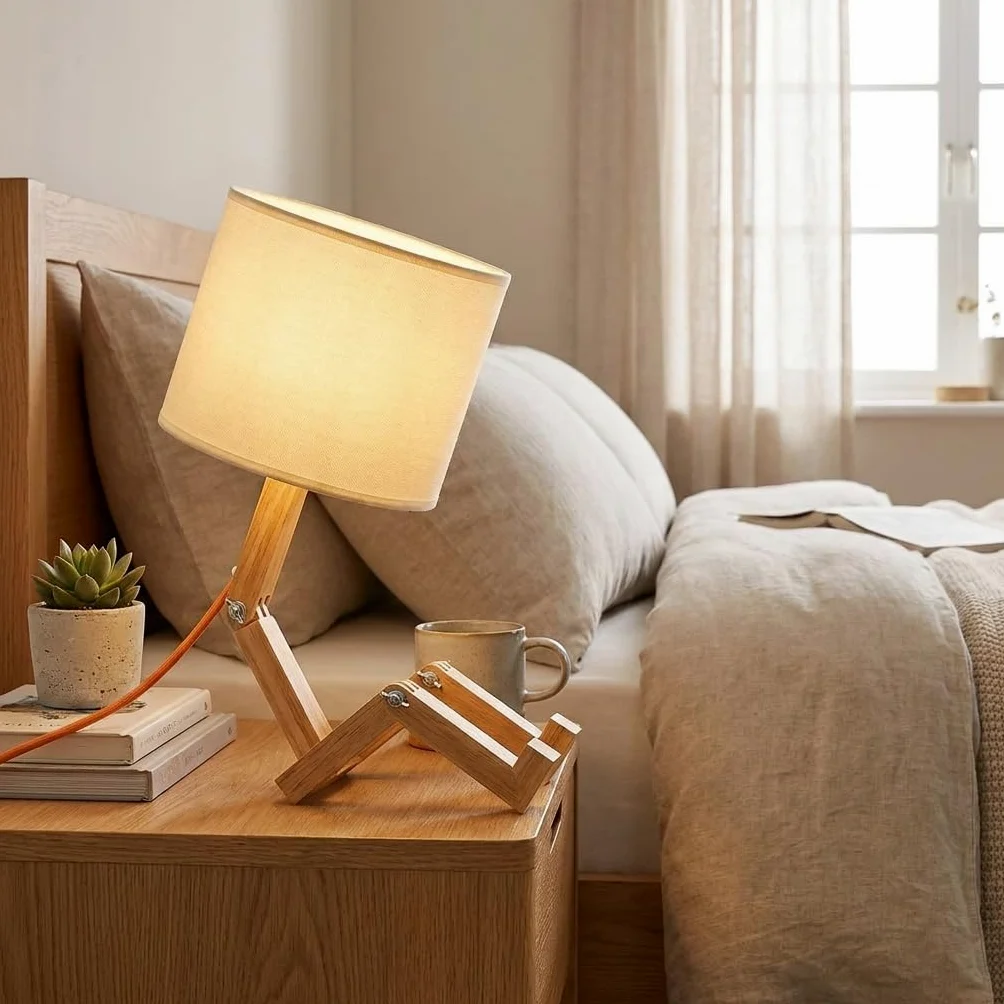 BARCELONA LED Lampada da Tavolo in Legno Articolata YOKI, Lampada Scandinava Design Omino con Paralume Bianco, Lampada da Scrivania E27 per Camera da Letto, Salotto e Ufficio