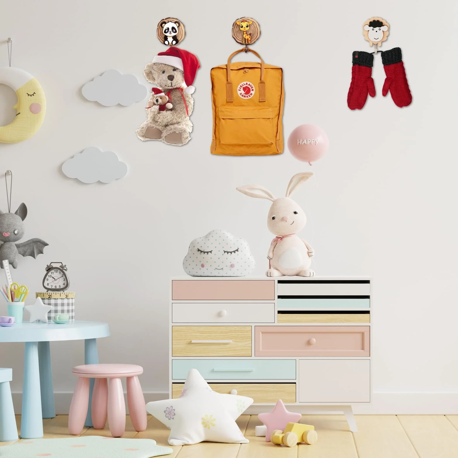 Ganci Autoadesivi per Bambini in Legno, 6 Pezzi, Gancio Parete per Asciugamani Zaini e Cappotti