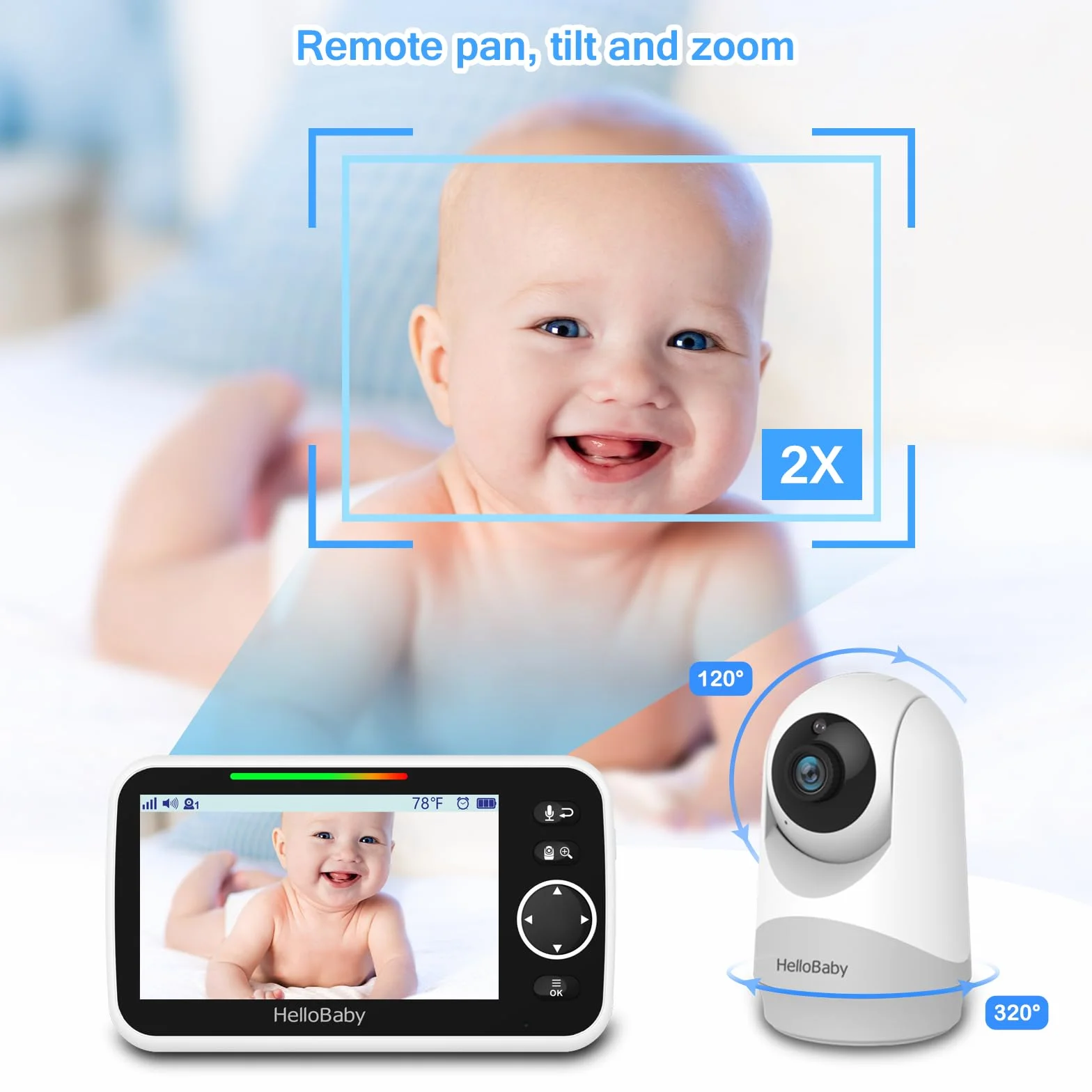 HelloBaby Monitor con fotocamera e audio, schermo 5'', batteria 3500 mAh, Pan-Tilt-Zoom, conversazione bidirezionale, ECO, visione notturna