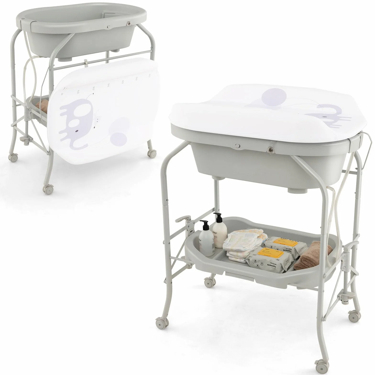 COSTWAY Fasciatoio con Vaschetta Bagnetto 2 in 1, Vasca da Bagno Pieghevole per Bambini, Grigio Chiaro