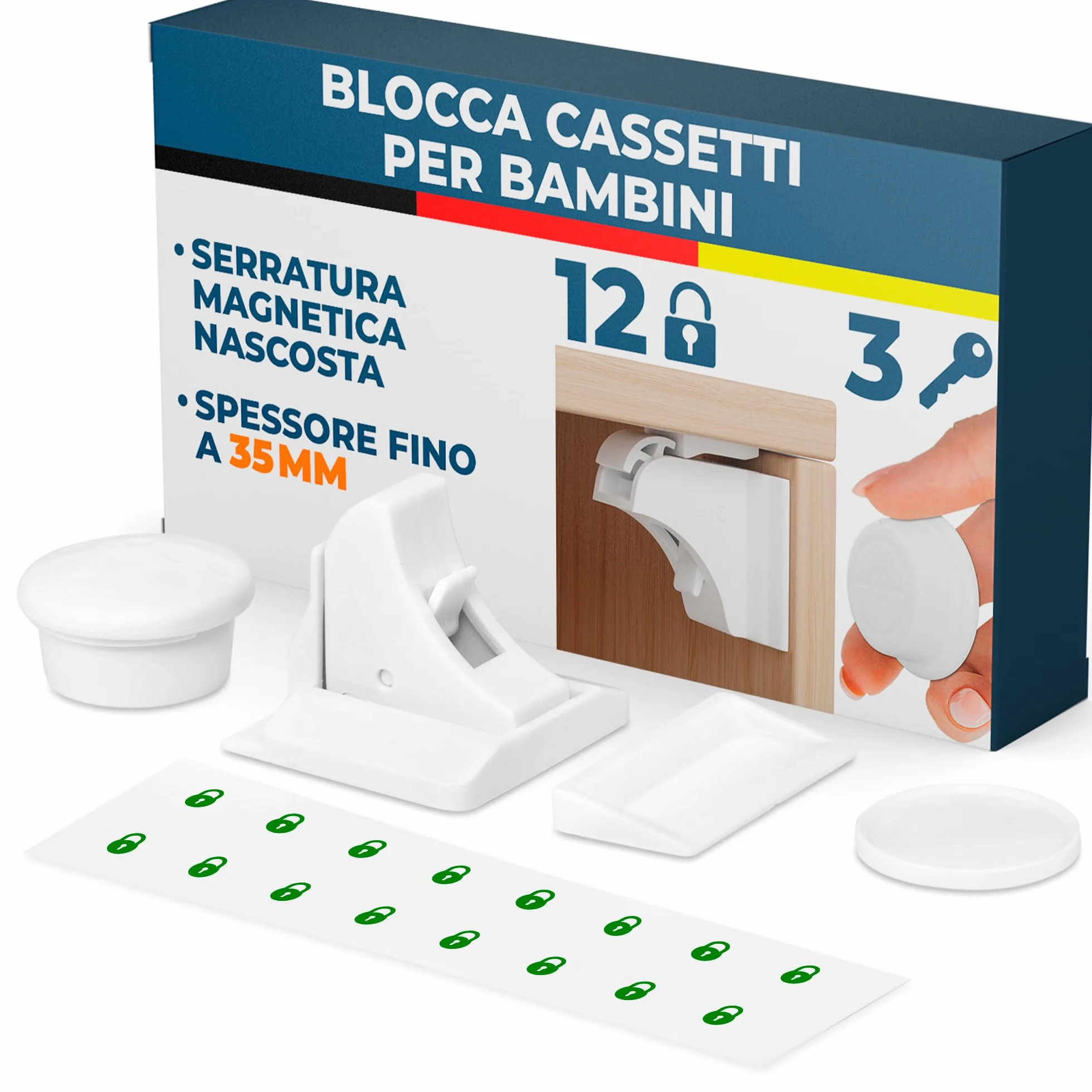 Blocca Cassetti per Bambini Hoffenbach 12 Serrature 3 Chiavi Chiusura Magnetica Bianco