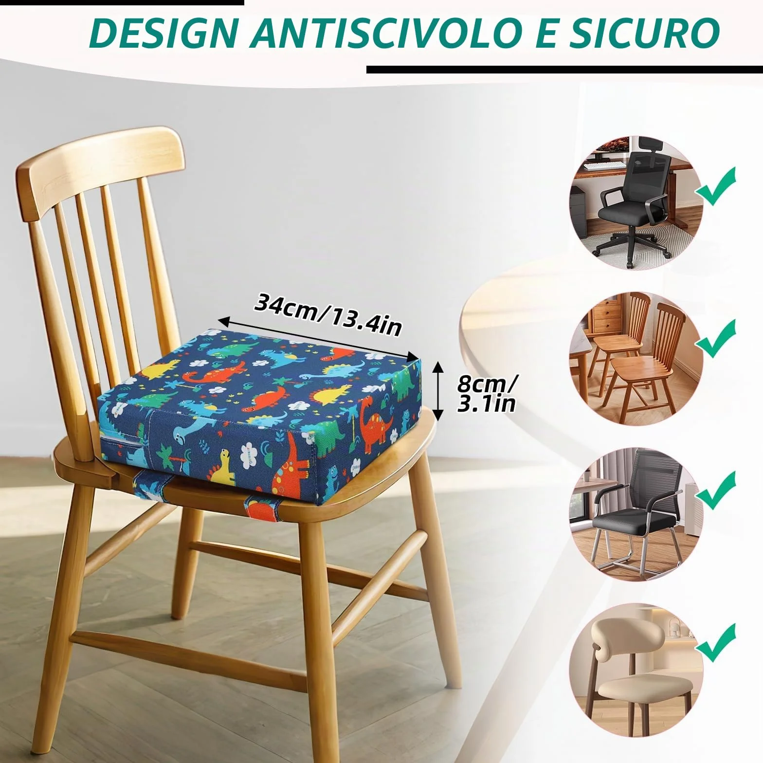 Zicac Rialzo Sedia per Bambini Portatile con Cinghie Regolabili e Lavabile Alza Sedia per Seggioloni Cuscino Seduta