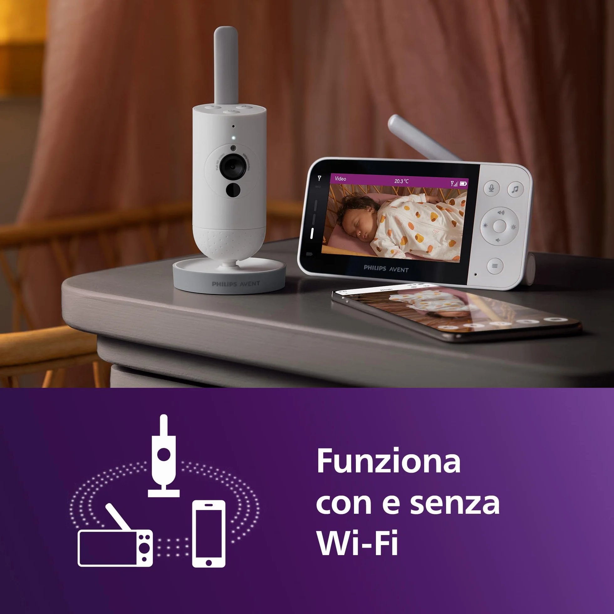 PHILIPS Avent SCD951/26 Baby Monitor Wi-Fi con Telecamera HD, Visione Notturna a Infrarossi, Rilevamento Pianto, Audio Bidirezionale, 12 Ore Autonomia