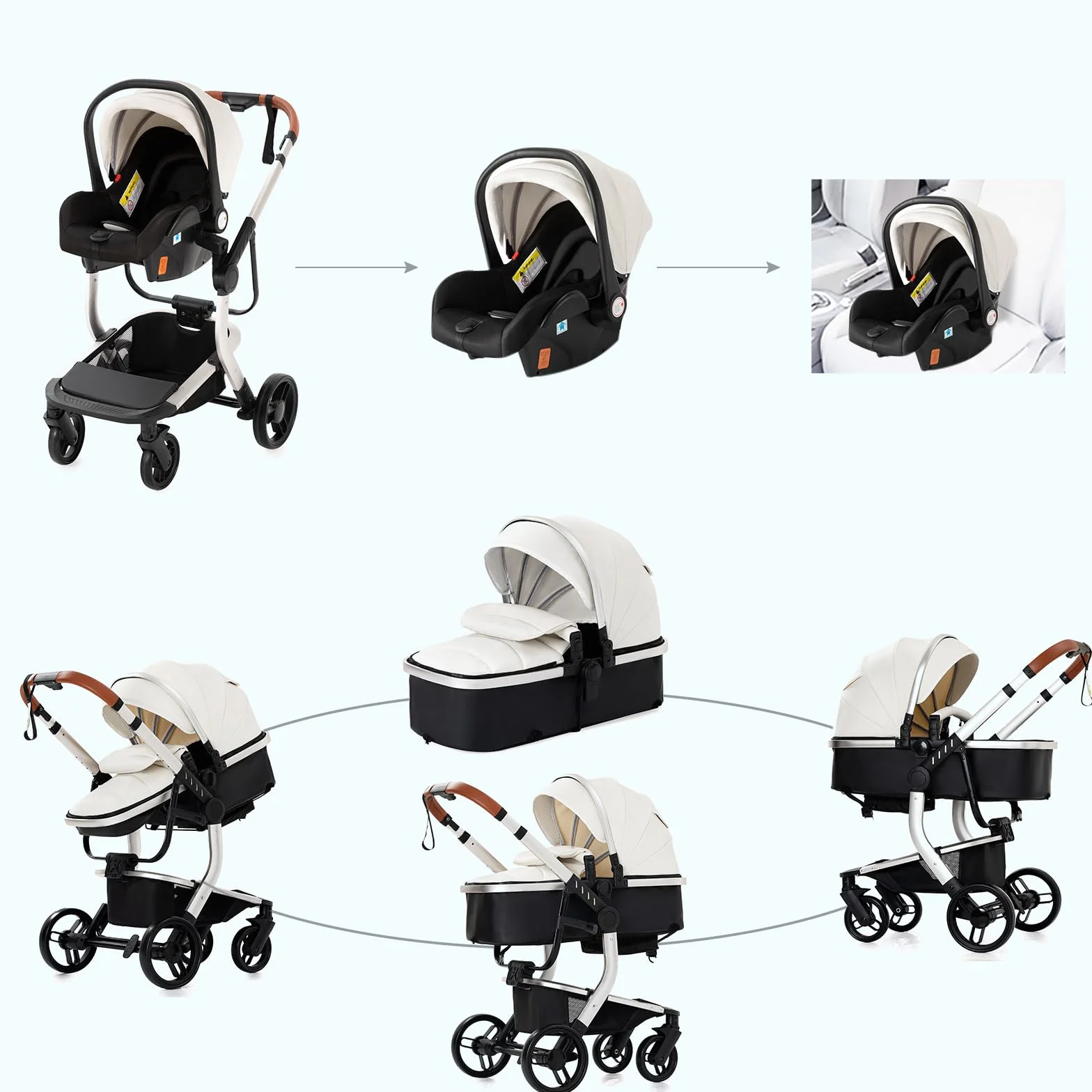 Passeggino 3 in 1 Trio Neonati Pelle PU Carrozzino Pieghevole 518 White