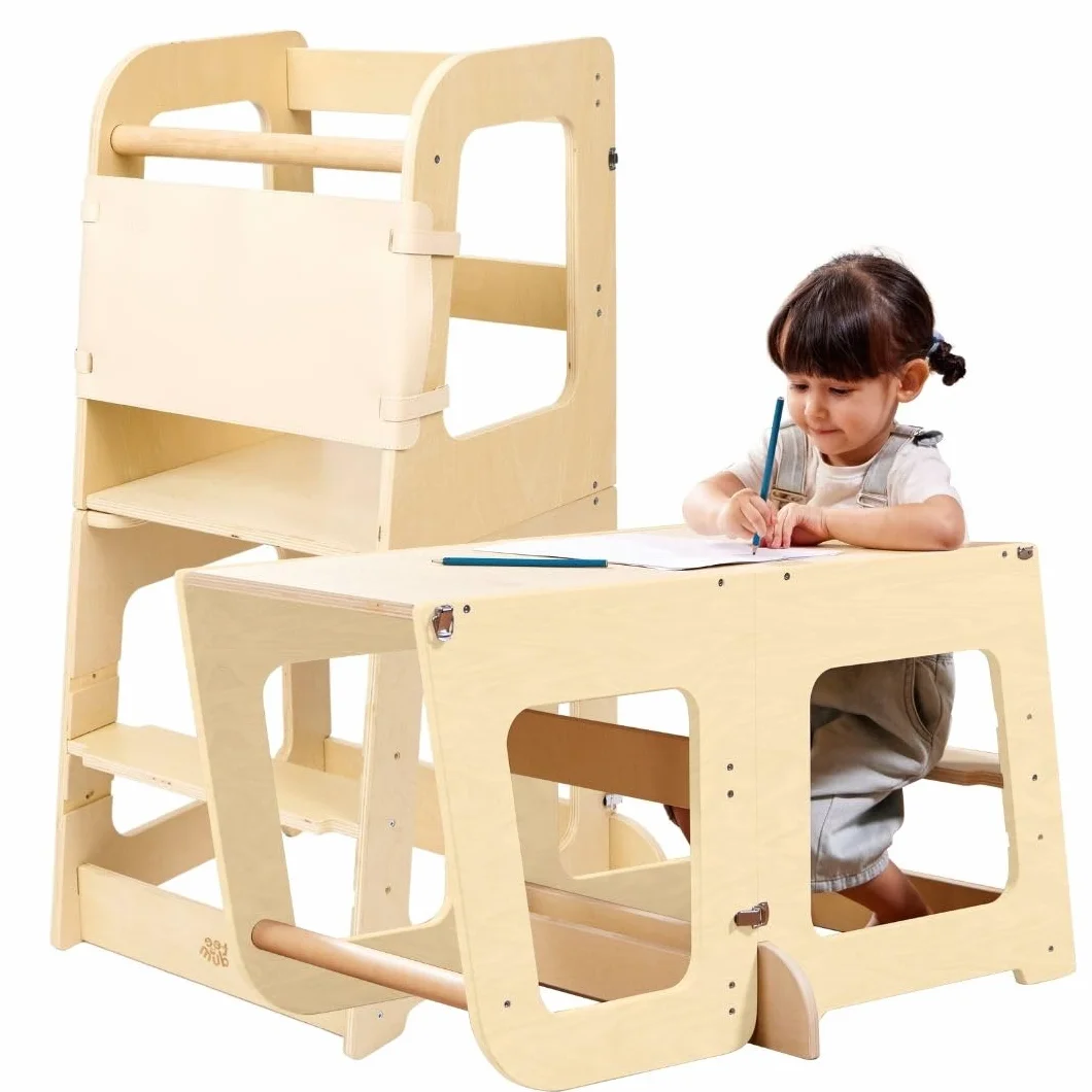 Torre Montessori per Bambini 2-in-1 Torretta Apprendimento in Legno Naturale Convertibile in Scrivania Sgabello Sicura Evolutiva 12M+ Teedum